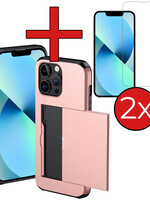BTH BTH iPhone 14 Pro Hoesje Pashouder Hard Met 2x Screenprotector - Rosé Goud