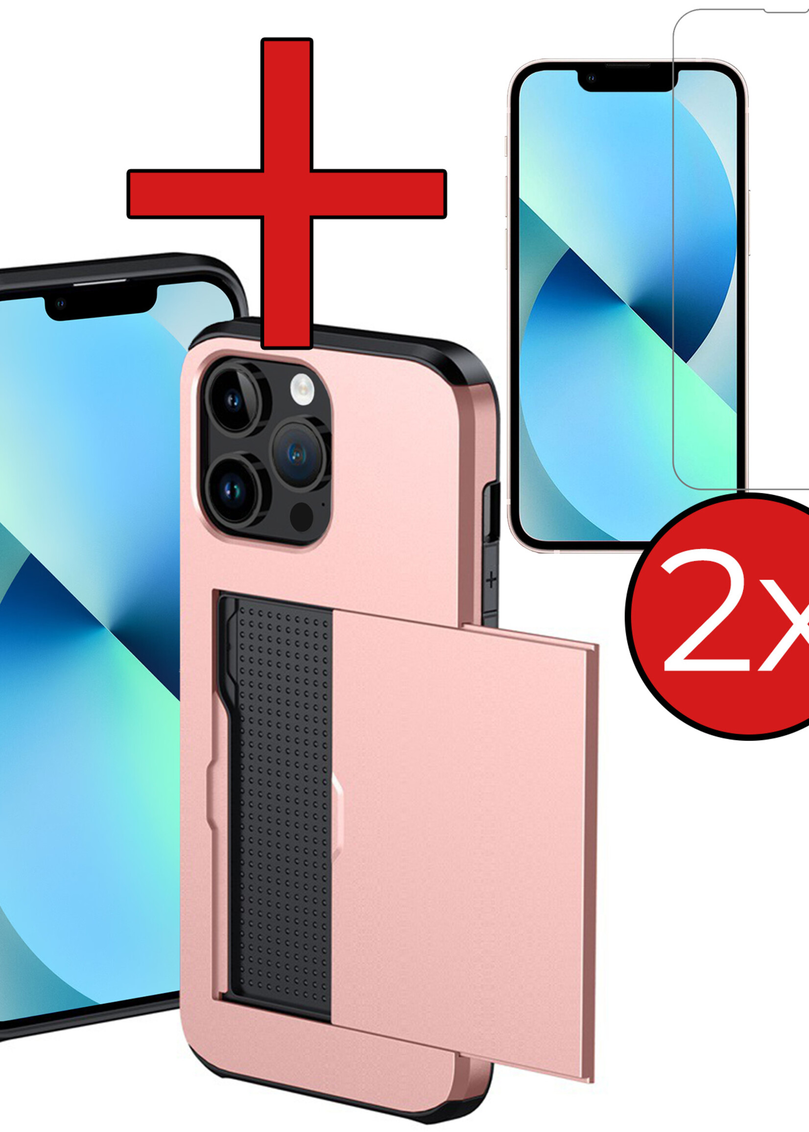 BTH Hoesje Geschikt voor iPhone 14 Pro Hoesje Met Pasjeshouder Hard Case Met Kaarthouder Met 2x Screenprotector - Hoes Geschikt voor iPhone 14 Pro Hoesje Shock Proof Case - Rosé Goud