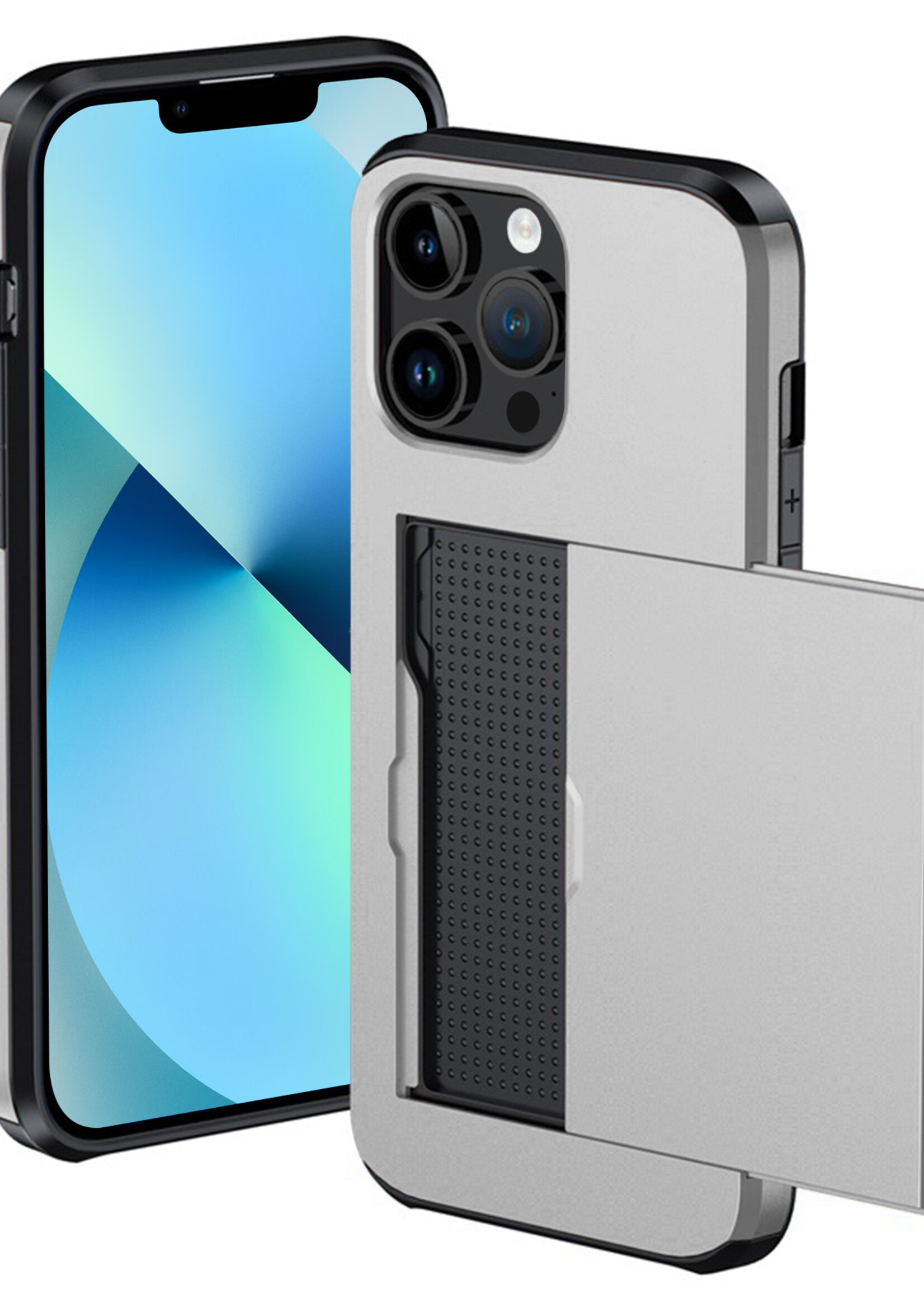 BTH Hoesje Geschikt voor iPhone 14 Pro Max Hoesje Met Pasjeshouder Hard Case Met Kaarthouder - Hoes Geschikt voor iPhone 14 Pro Max Hoesje Shock Proof Case - Grijs