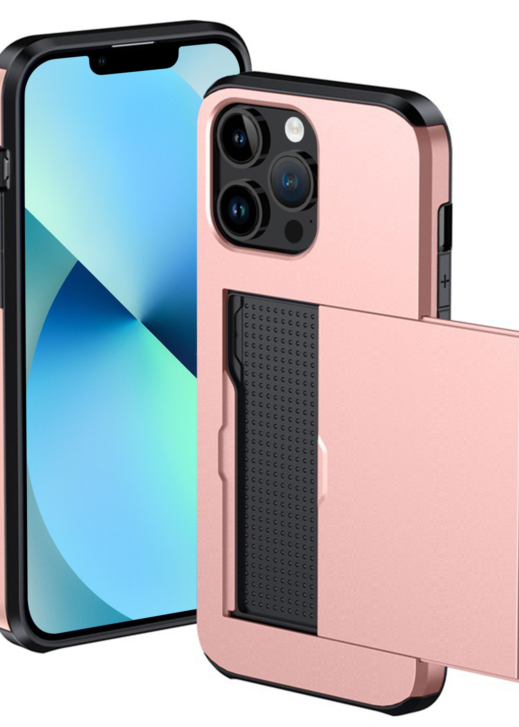 BTH Hoesje Geschikt voor iPhone 14 Pro Max Hoesje Met Pasjeshouder Hard Case Met Kaarthouder - Hoes Geschikt voor iPhone 14 Pro Max Hoesje Shock Proof Case - Rosé Goud