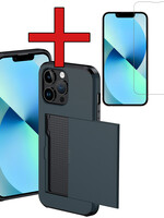BTH BTH iPhone 14 Pro Max Hoesje Pashouder Hard Met Screenprotector - Donker Blauw