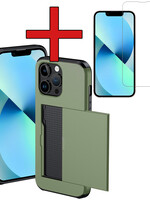 BTH BTH iPhone 14 Pro Max Hoesje Pashouder Hard Met Screenprotector - Donker Groen