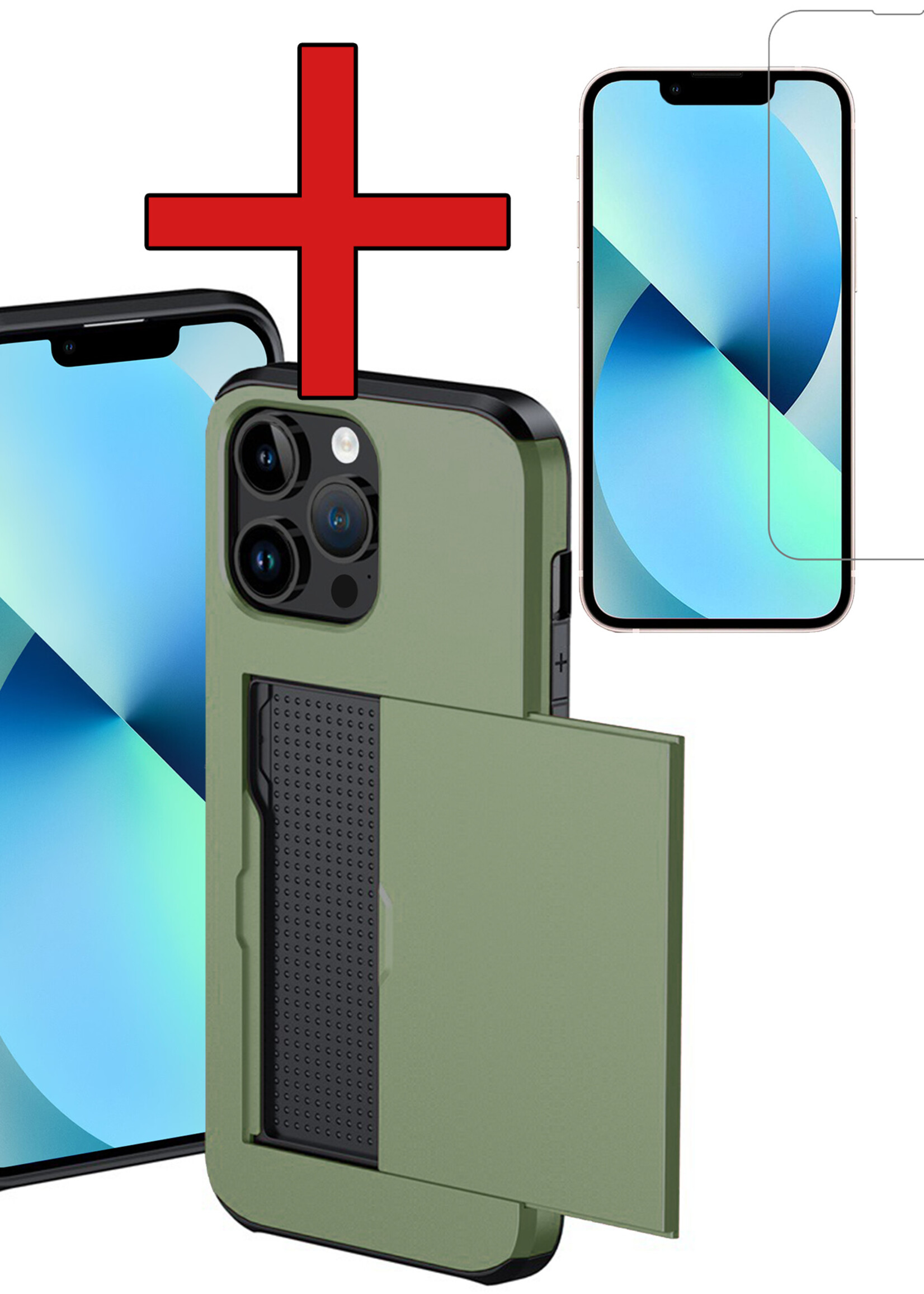BTH Hoesje Geschikt voor iPhone 14 Pro Max Hoesje Met Pasjeshouder Hard Case Met Kaarthouder Met Screenprotector - Hoes Geschikt voor iPhone 14 Pro Max Hoesje Shock Proof Case - Donker Groen