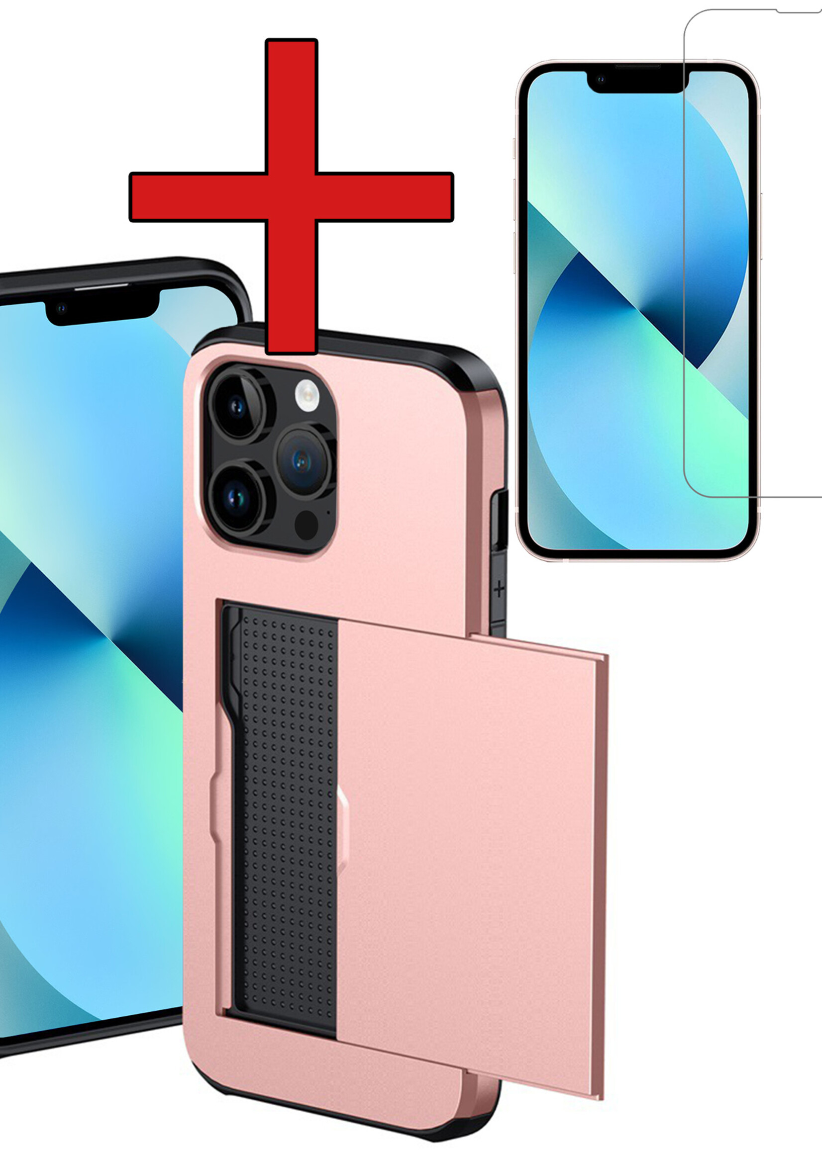BTH Hoesje Geschikt voor iPhone 14 Pro Max Hoesje Met Pasjeshouder Hard Case Met Kaarthouder Met Screenprotector - Hoes Geschikt voor iPhone 14 Pro Max Hoesje Shock Proof Case - Rosé Goud