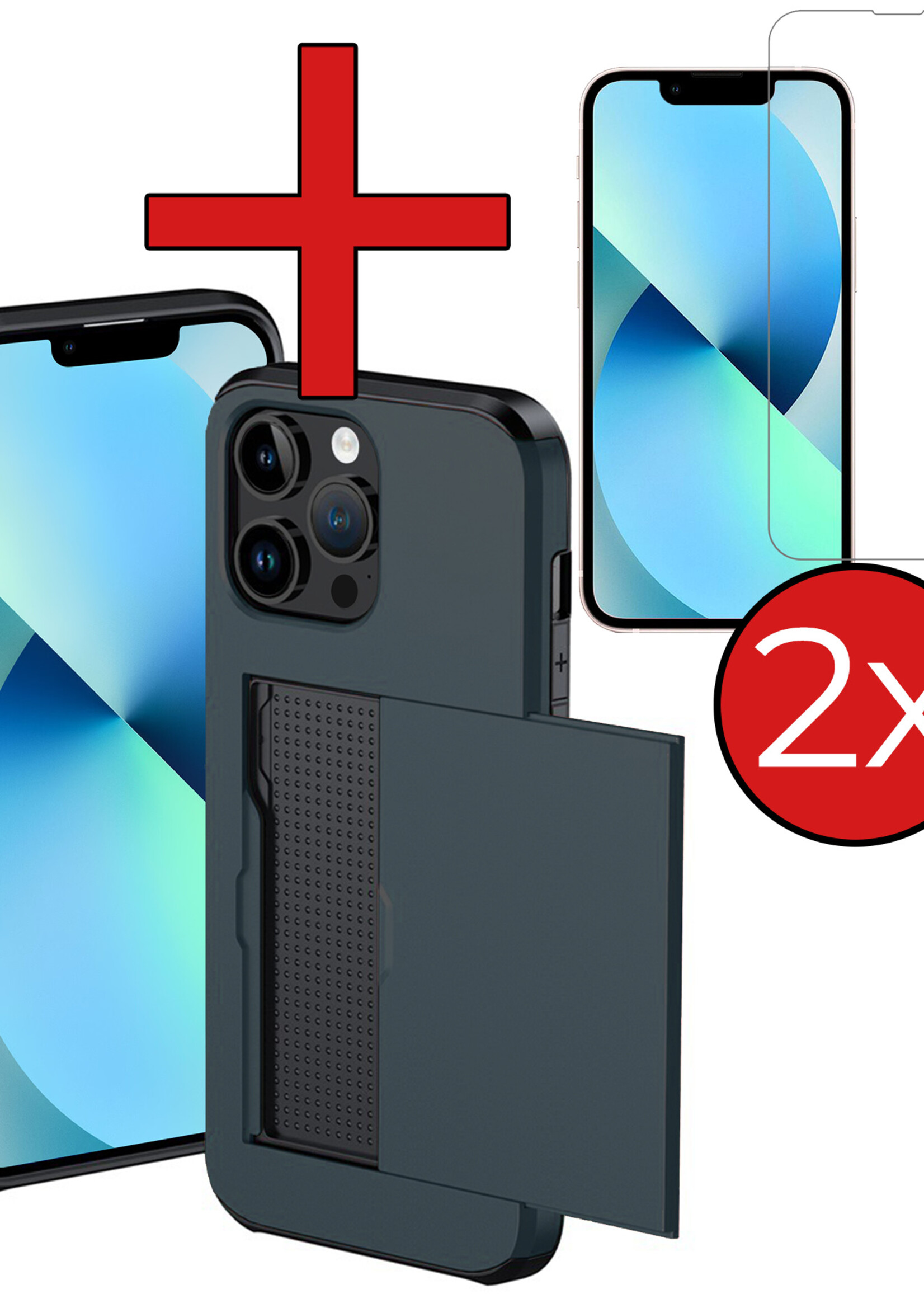 BTH Hoesje Geschikt voor iPhone 14 Pro Max Hoesje Met Pasjeshouder Hard Case Met Kaarthouder Met 2x Screenprotector - Hoes Geschikt voor iPhone 14 Pro Max Hoesje Shock Proof Case - Donker Blauw