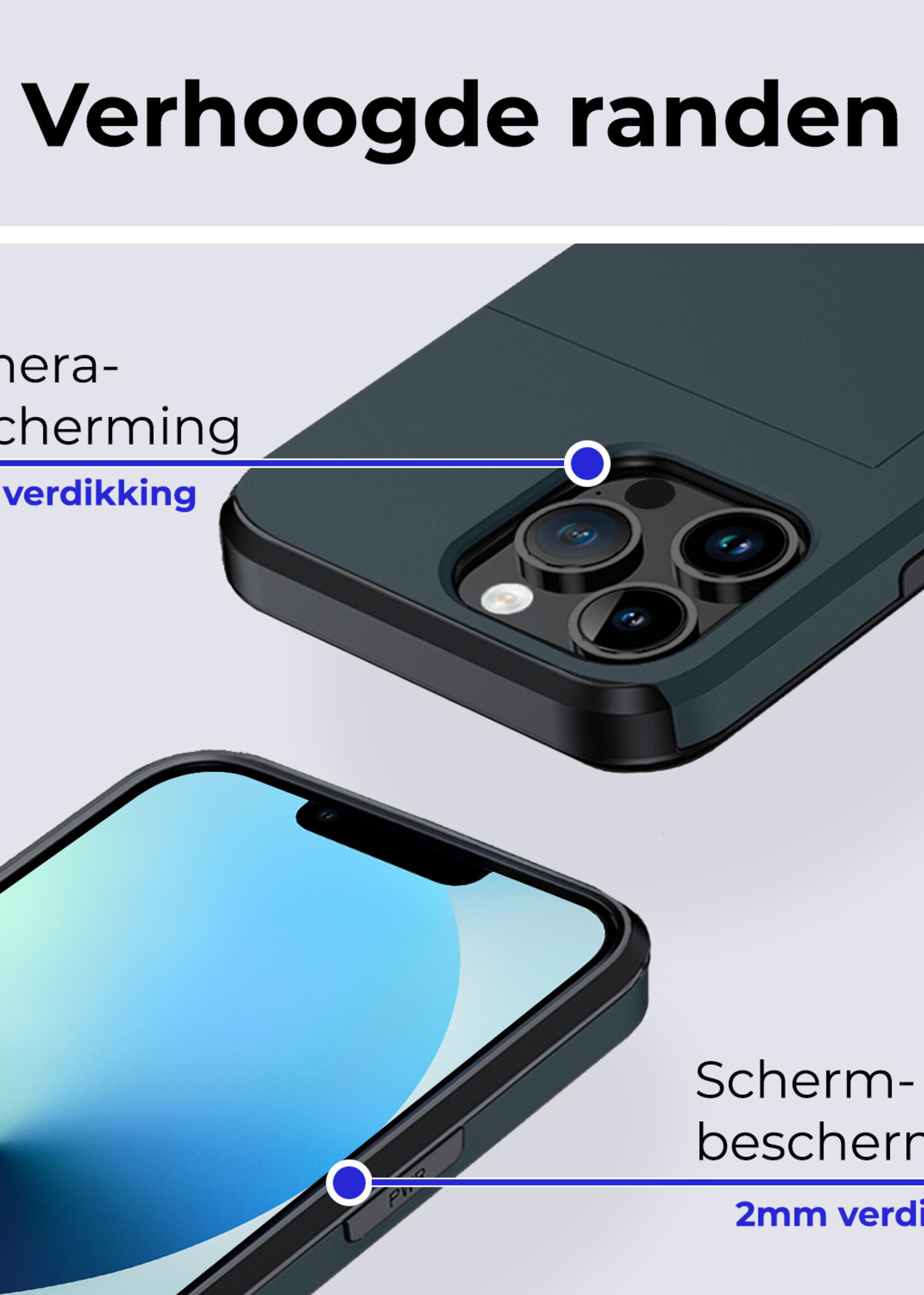 BTH Hoesje Geschikt voor iPhone 14 Pro Max Hoesje Met Pasjeshouder Hard Case Met Kaarthouder Met 2x Screenprotector - Hoes Geschikt voor iPhone 14 Pro Max Hoesje Shock Proof Case - Donker Blauw
