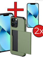 BTH BTH iPhone 14 Pro Max Hoesje Pashouder Hard Met 2x Screenprotector - Donker Groen