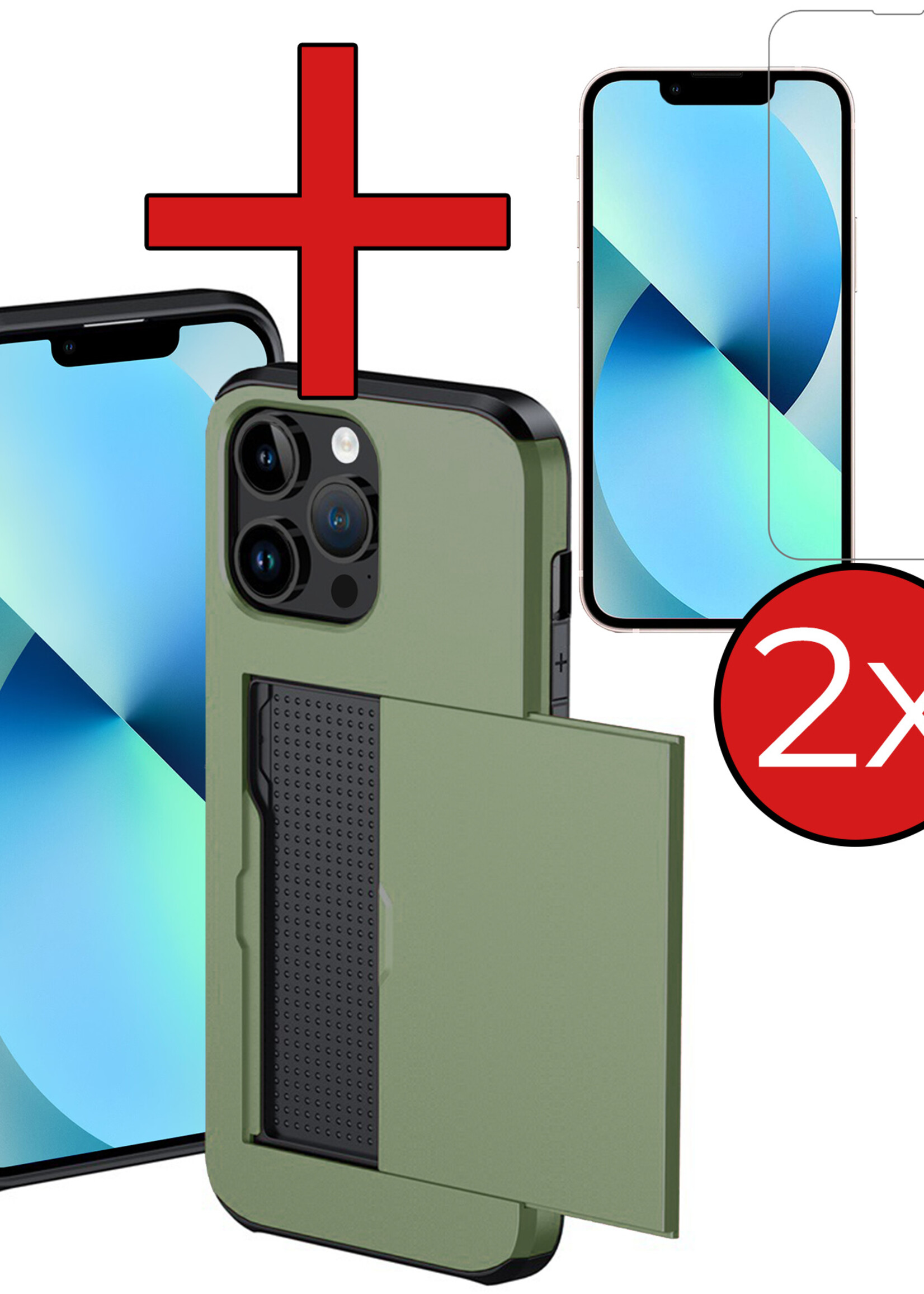 BTH Hoesje Geschikt voor iPhone 14 Pro Max Hoesje Met Pasjeshouder Hard Case Met Kaarthouder Met 2x Screenprotector - Hoes Geschikt voor iPhone 14 Pro Max Hoesje Shock Proof Case - Donker Groen
