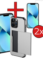 BTH BTH iPhone 14 Pro Max Hoesje Pashouder Hard Met 2x Screenprotector - Grijs