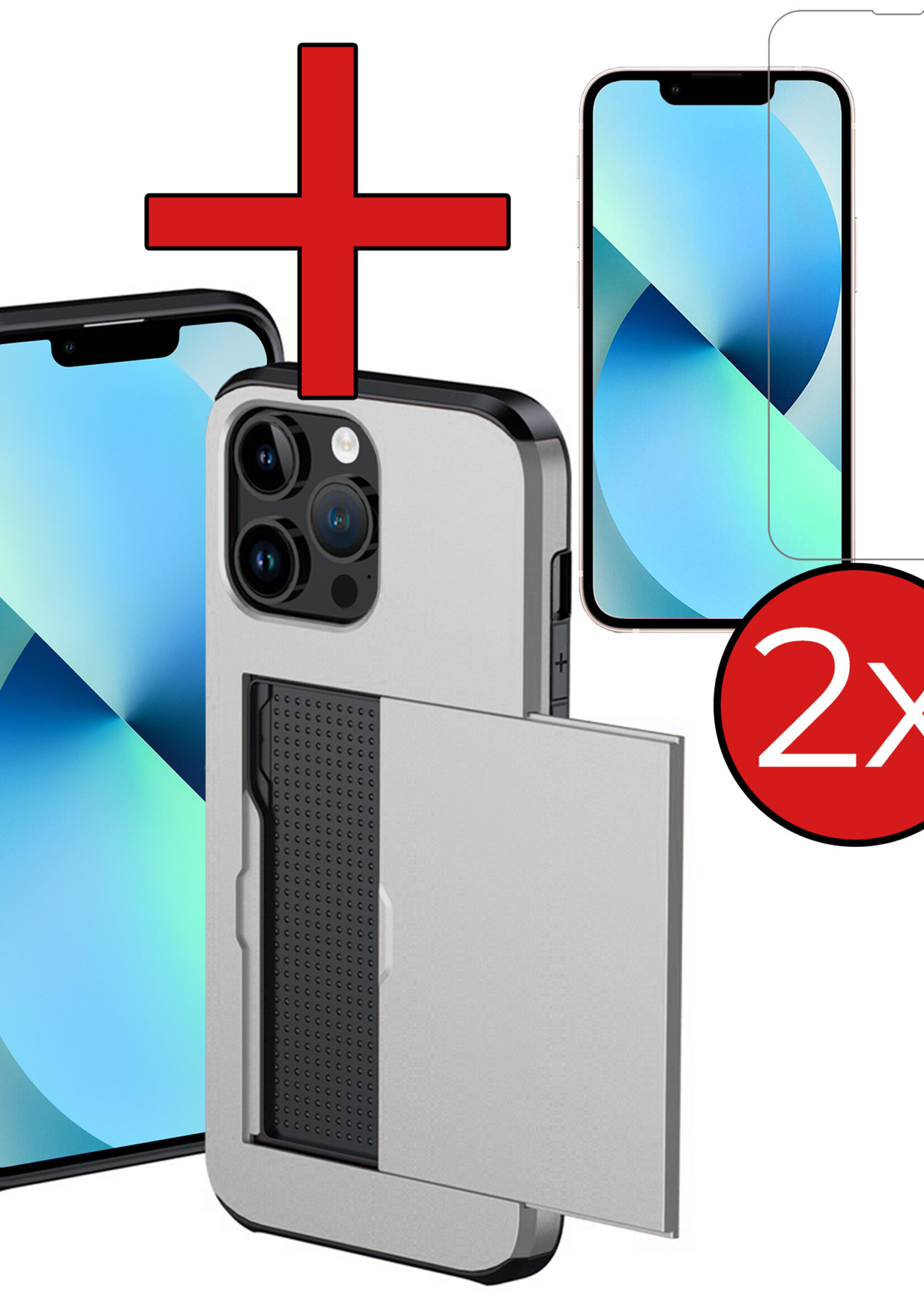 BTH Hoesje Geschikt voor iPhone 14 Pro Max Hoesje Met Pasjeshouder Hard Case Met Kaarthouder Met 2x Screenprotector - Hoes Geschikt voor iPhone 14 Pro Max Hoesje Shock Proof Case - Grijs