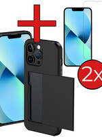 BTH BTH iPhone 14 Pro Max Hoesje Pashouder Hard Met 2x Screenprotector - Zwart