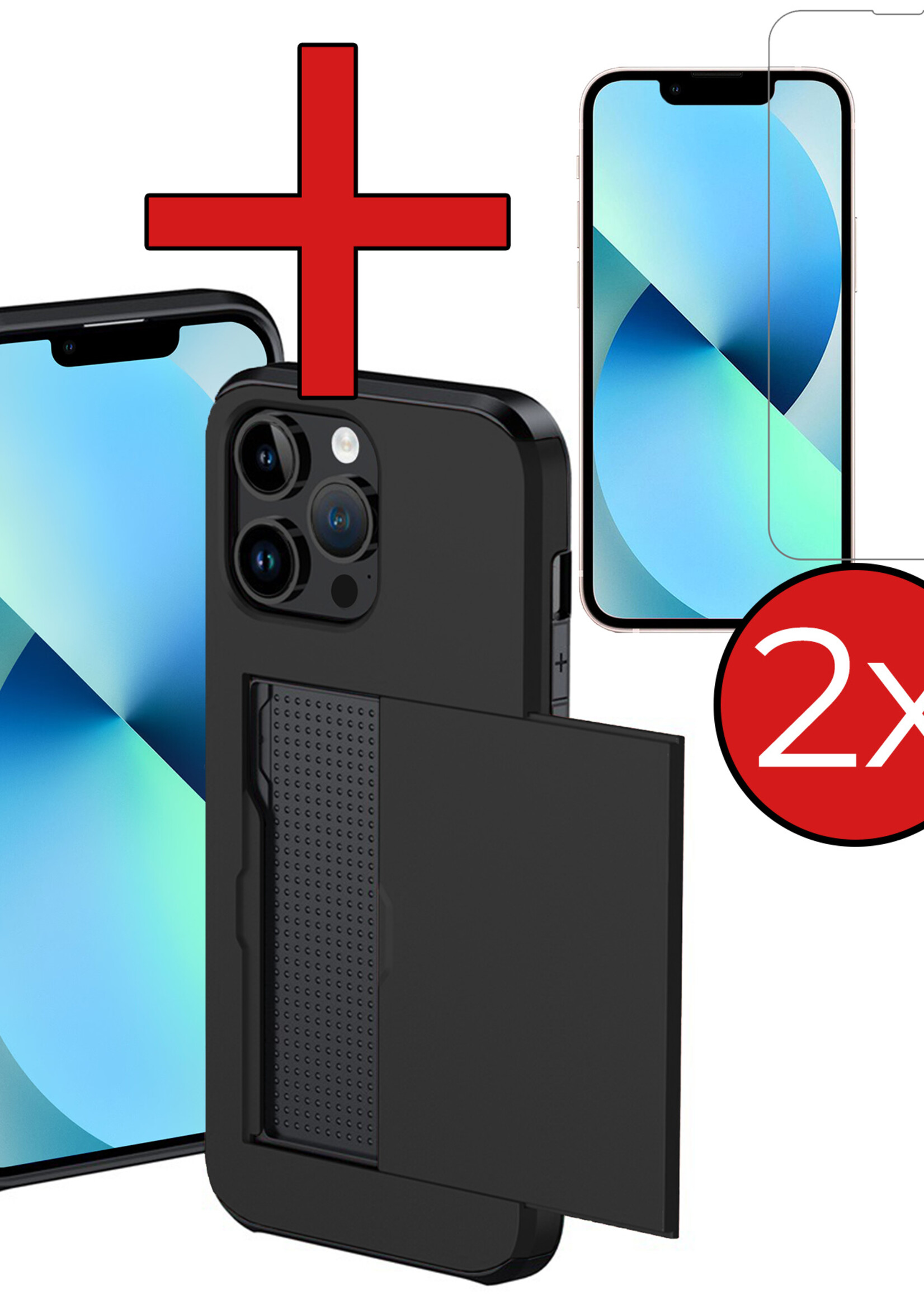 BTH Hoesje Geschikt voor iPhone 14 Pro Max Hoesje Met Pasjeshouder Hard Case Met Kaarthouder Met 2x Screenprotector - Hoes Geschikt voor iPhone 14 Pro Max Hoesje Shock Proof Case - Zwart
