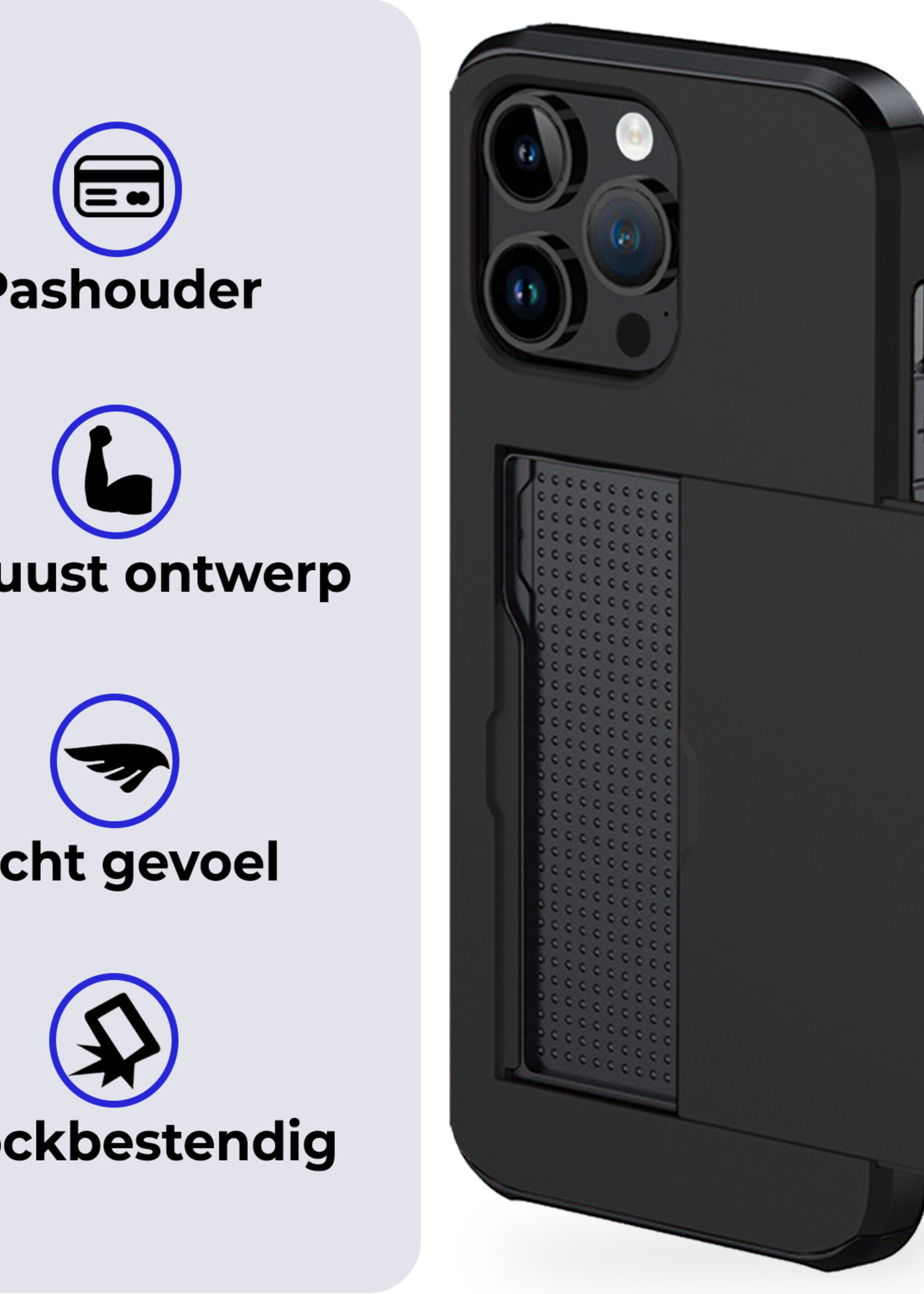 BTH Hoesje Geschikt voor iPhone 14 Pro Max Hoesje Met Pasjeshouder Hard Case Met Kaarthouder Met 2x Screenprotector - Hoes Geschikt voor iPhone 14 Pro Max Hoesje Shock Proof Case - Zwart