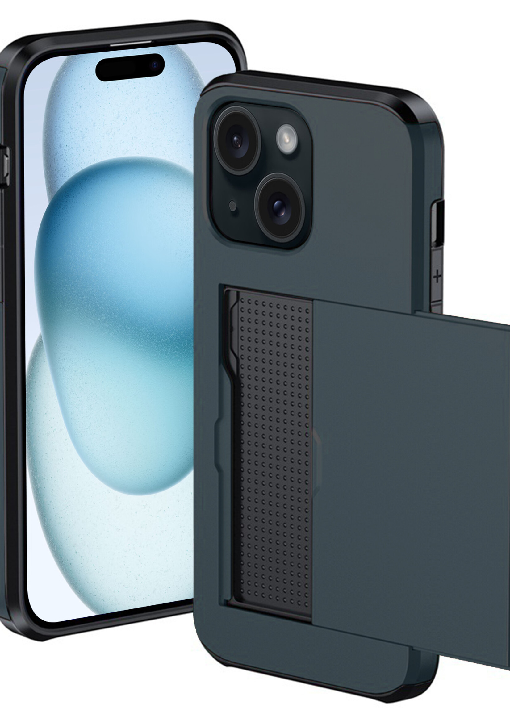 BTH Hoesje Geschikt voor iPhone 15 Hoesje Met Pasjeshouder Hard Case Met Kaarthouder - Hoes Geschikt voor iPhone 15 Hoesje Shock Proof Case - Donker Blauw