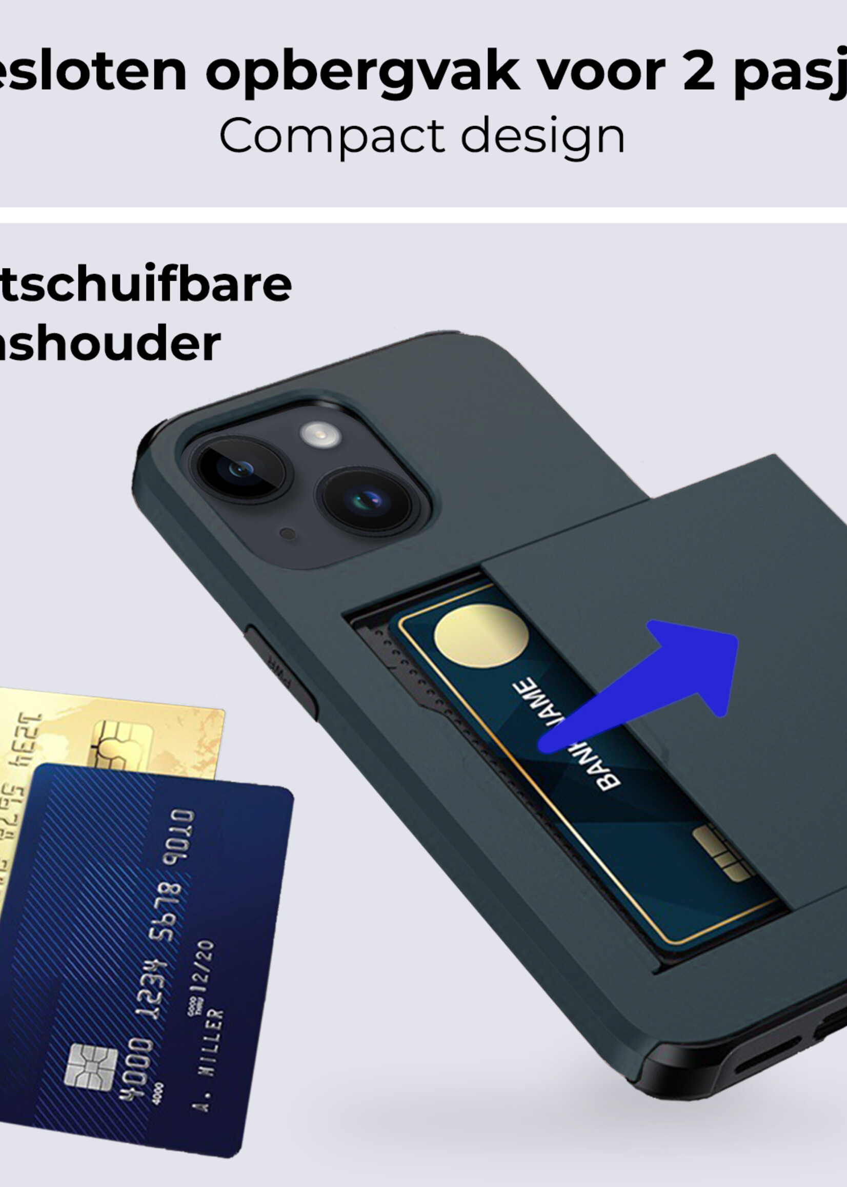 BTH Hoesje Geschikt voor iPhone 15 Hoesje Met Pasjeshouder Hard Case Met Kaarthouder - Hoes Geschikt voor iPhone 15 Hoesje Shock Proof Case - Donker Blauw