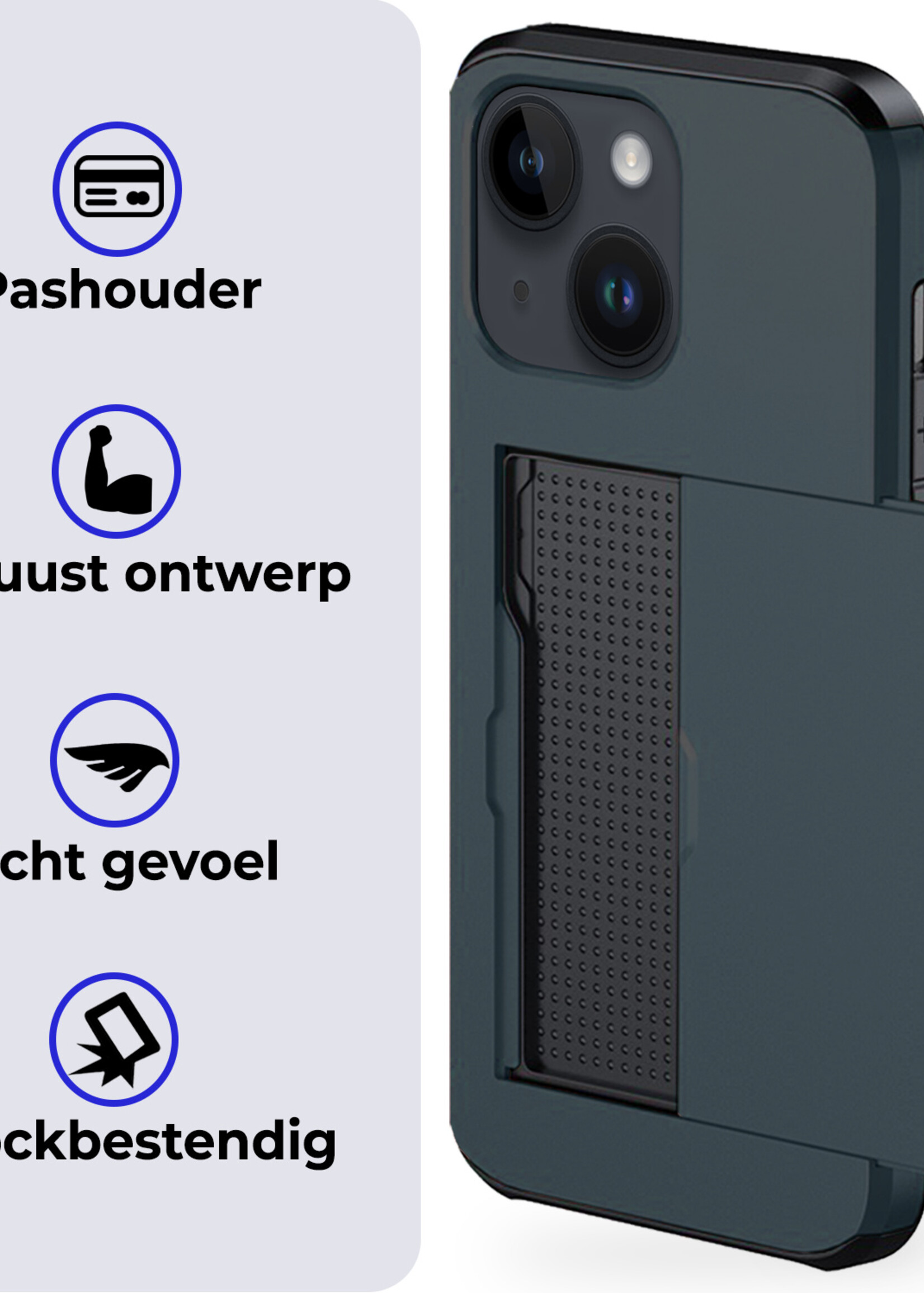 BTH Hoesje Geschikt voor iPhone 15 Hoesje Met Pasjeshouder Hard Case Met Kaarthouder - Hoes Geschikt voor iPhone 15 Hoesje Shock Proof Case - Donker Blauw