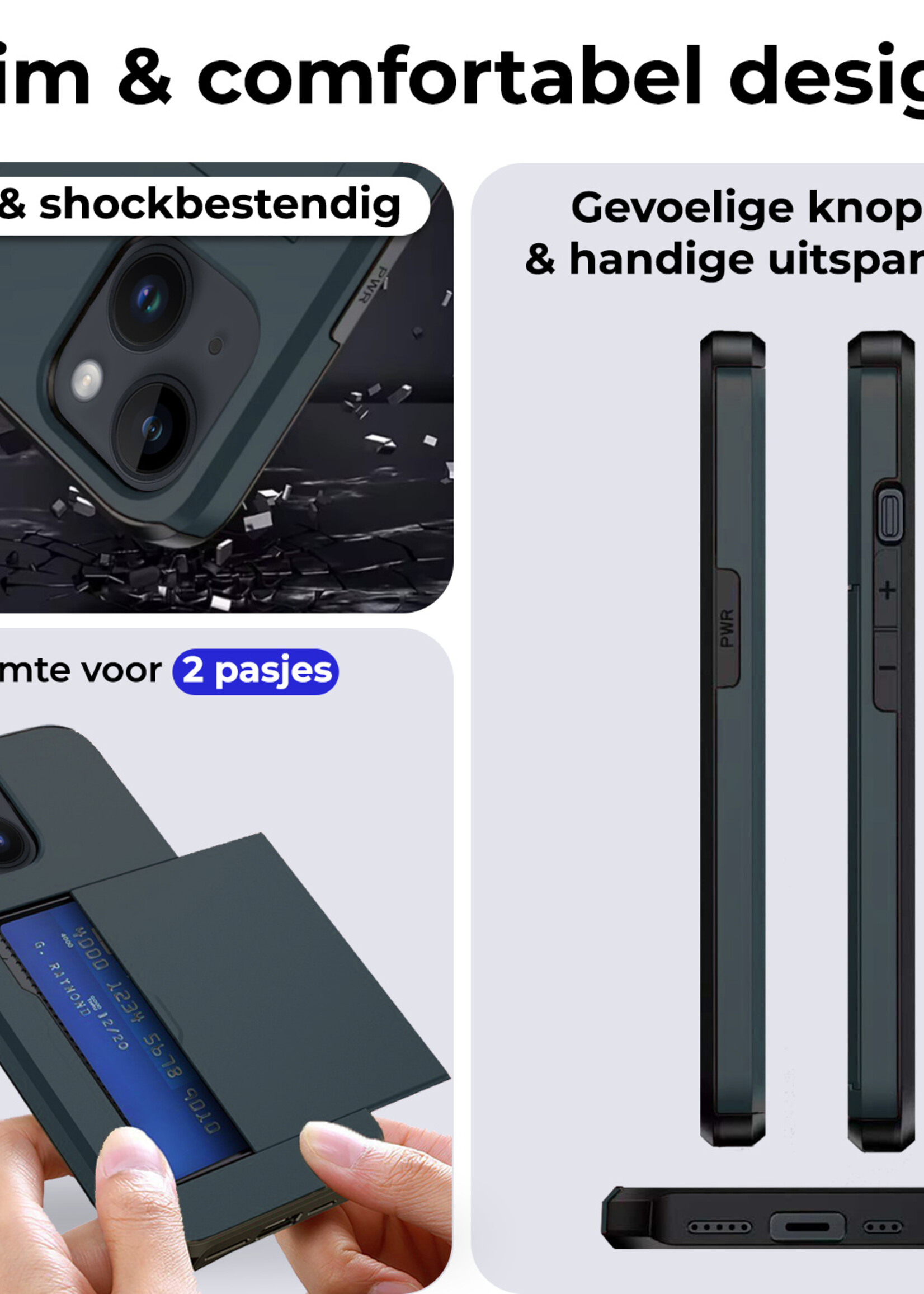 BTH Hoesje Geschikt voor iPhone 15 Hoesje Met Pasjeshouder Hard Case Met Kaarthouder - Hoes Geschikt voor iPhone 15 Hoesje Shock Proof Case - Donker Blauw