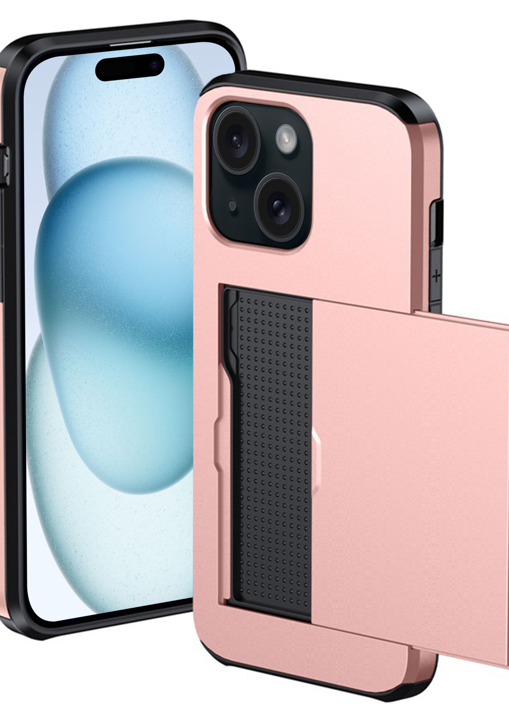 BTH Hoesje Geschikt voor iPhone 15 Hoesje Met Pasjeshouder Hard Case Met Kaarthouder - Hoes Geschikt voor iPhone 15 Hoesje Shock Proof Case - Rosé Goud