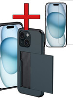 BTH BTH iPhone 15 Hoesje Pashouder Hard Met Screenprotector - Donker Blauw
