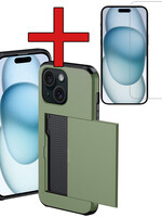 BTH BTH iPhone 15 Hoesje Pashouder Hard Met Screenprotector - Donker Groen