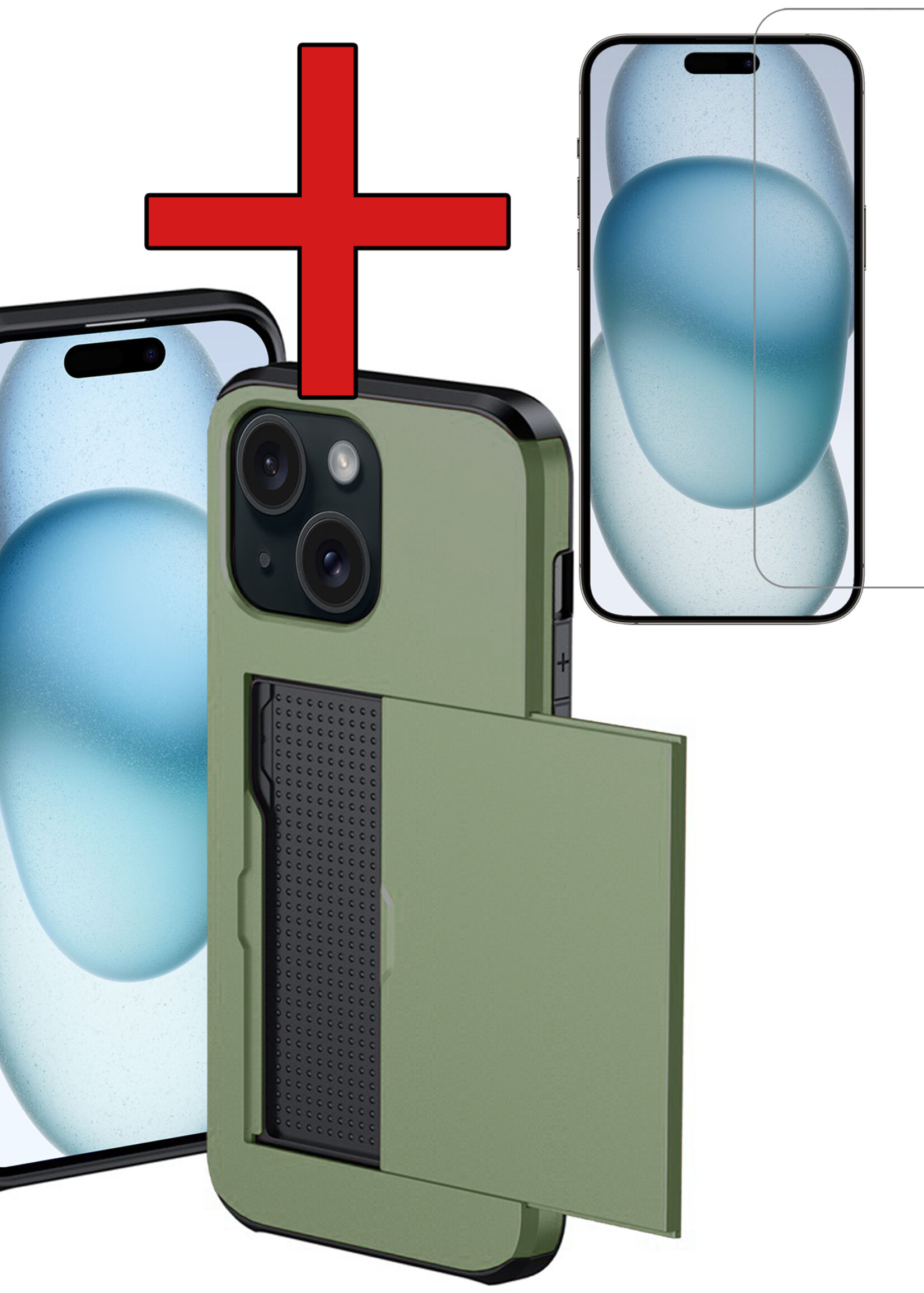 BTH Hoesje Geschikt voor iPhone 15 Hoesje Met Pasjeshouder Hard Case Met Kaarthouder Met Screenprotector - Hoes Geschikt voor iPhone 15 Hoesje Shock Proof Case - Donker Groen