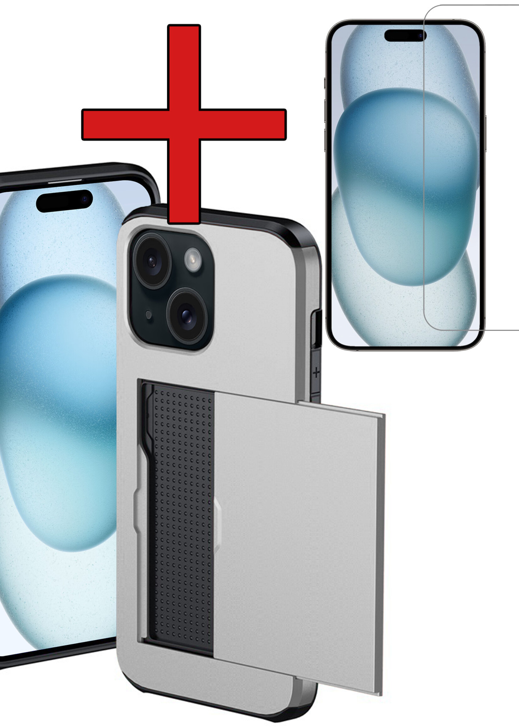BTH Hoesje Geschikt voor iPhone 15 Hoesje Met Pasjeshouder Hard Case Met Kaarthouder Met Screenprotector - Hoes Geschikt voor iPhone 15 Hoesje Shock Proof Case - Grijs