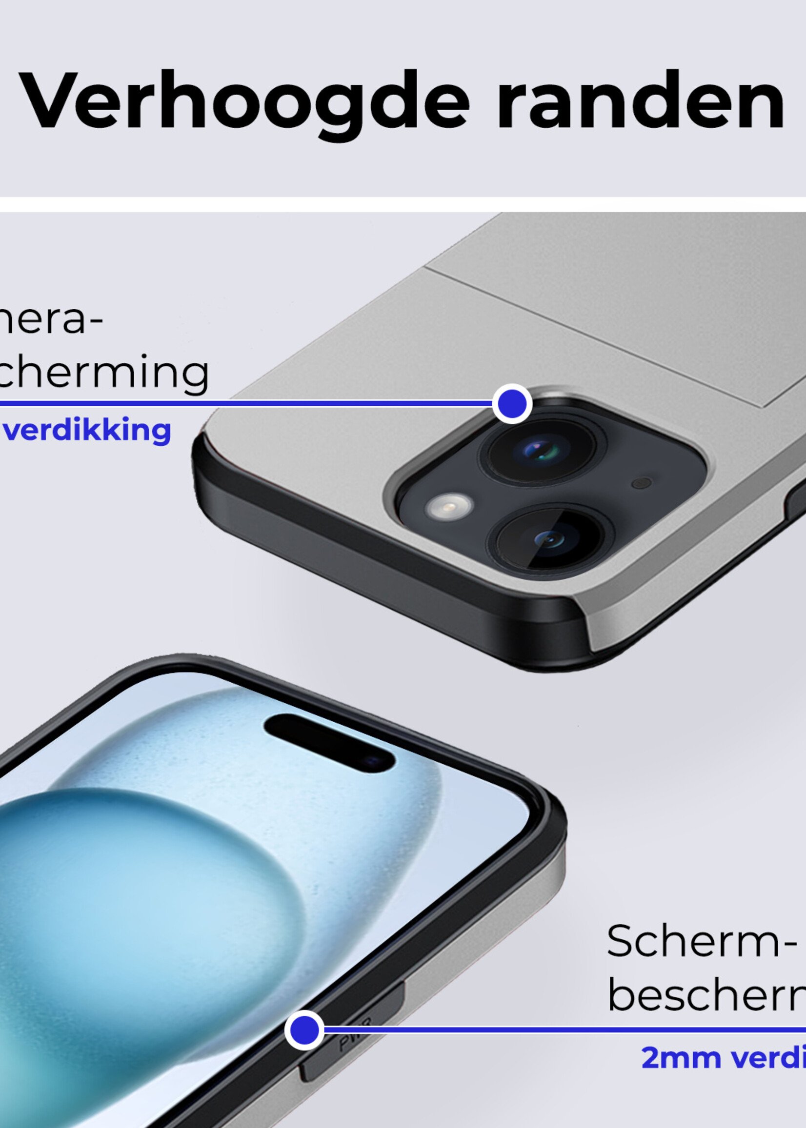 BTH Hoesje Geschikt voor iPhone 15 Hoesje Met Pasjeshouder Hard Case Met Kaarthouder Met Screenprotector - Hoes Geschikt voor iPhone 15 Hoesje Shock Proof Case - Grijs