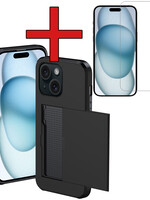 BTH BTH iPhone 15 Hoesje Pashouder Hard Met Screenprotector - Zwart