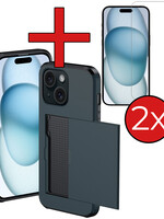 BTH BTH iPhone 15 Hoesje Pashouder Hard Met 2x Screenprotector - Donker Blauw