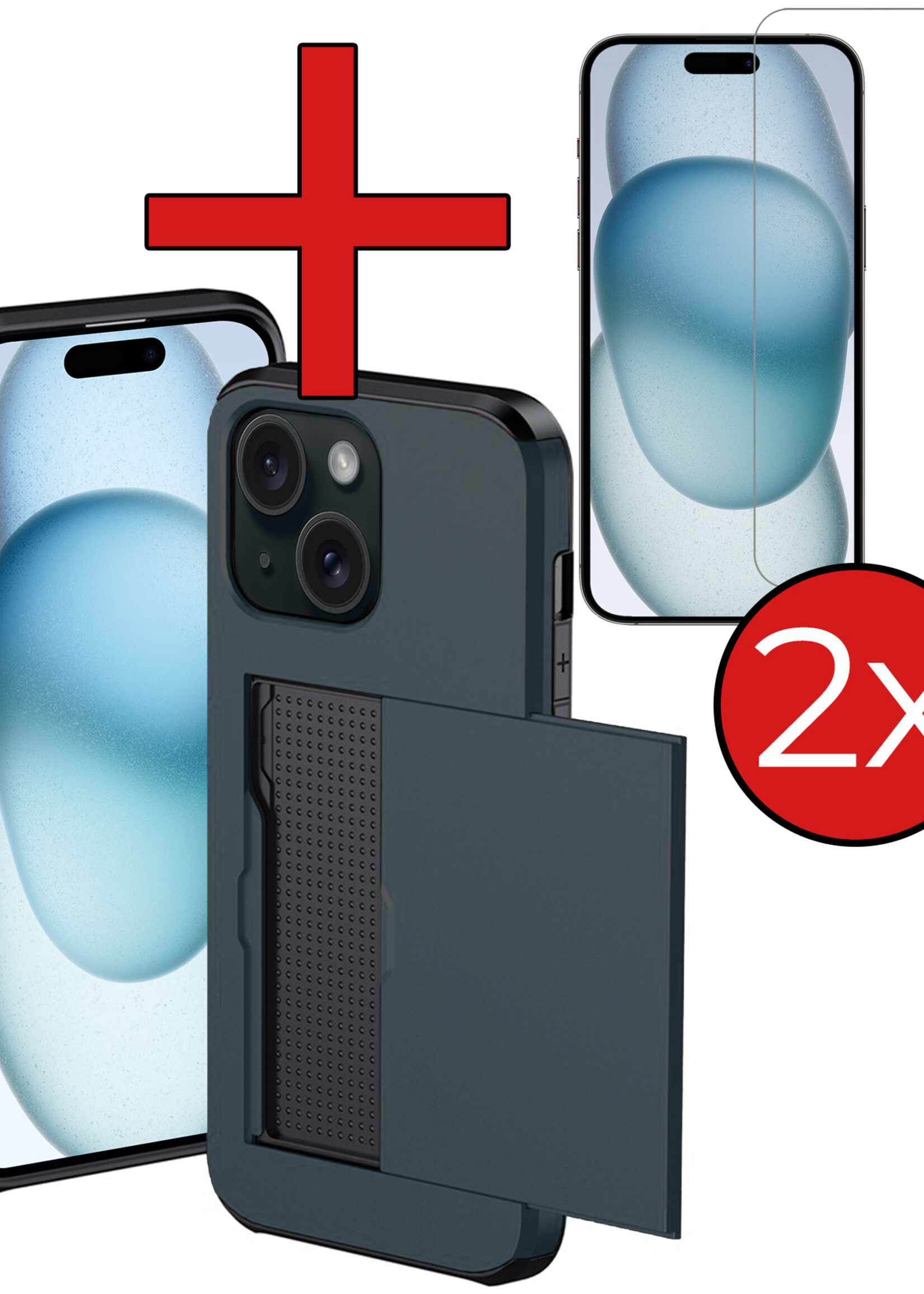 BTH Hoesje Geschikt voor iPhone 15 Hoesje Met Pasjeshouder Hard Case Met Kaarthouder Met 2x Screenprotector - Hoes Geschikt voor iPhone 15 Hoesje Shock Proof Case - Donker Blauw