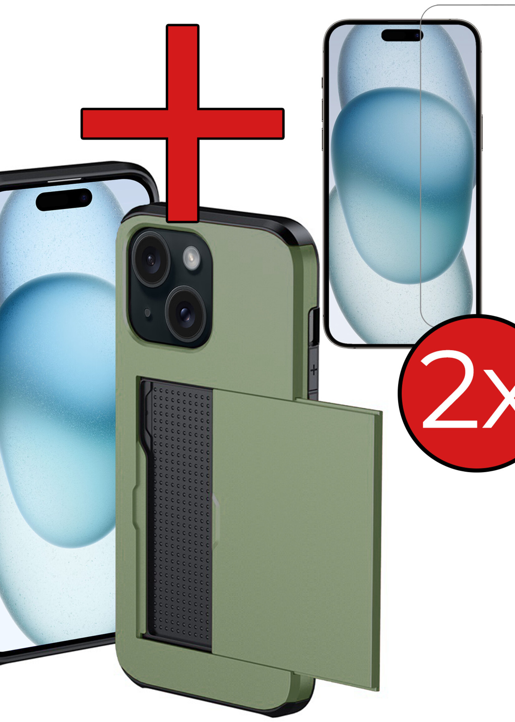 BTH Hoesje Geschikt voor iPhone 15 Hoesje Met Pasjeshouder Hard Case Met Kaarthouder Met 2x Screenprotector - Hoes Geschikt voor iPhone 15 Hoesje Shock Proof Case - Donker Groen