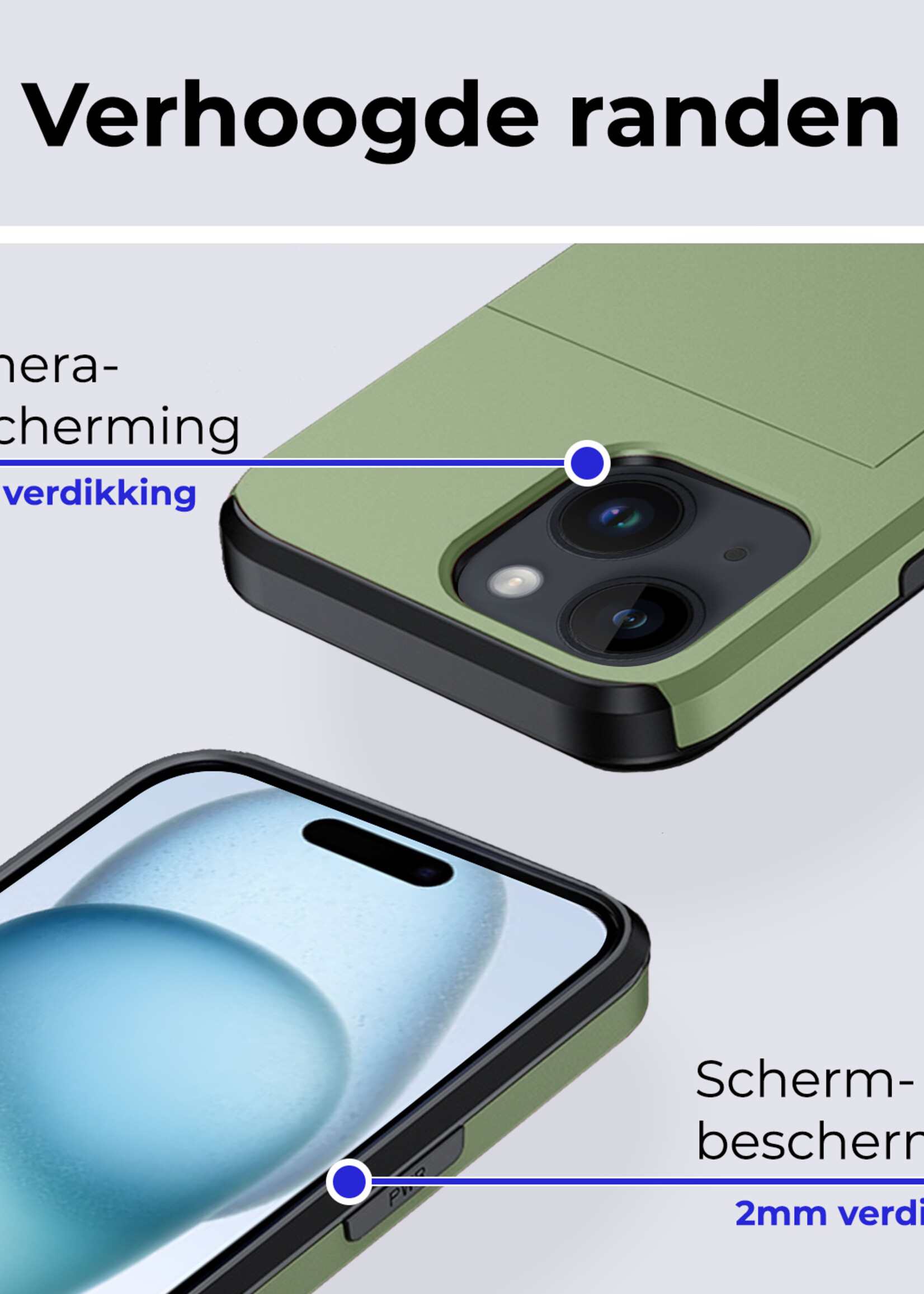 BTH Hoesje Geschikt voor iPhone 15 Hoesje Met Pasjeshouder Hard Case Met Kaarthouder Met 2x Screenprotector - Hoes Geschikt voor iPhone 15 Hoesje Shock Proof Case - Donker Groen
