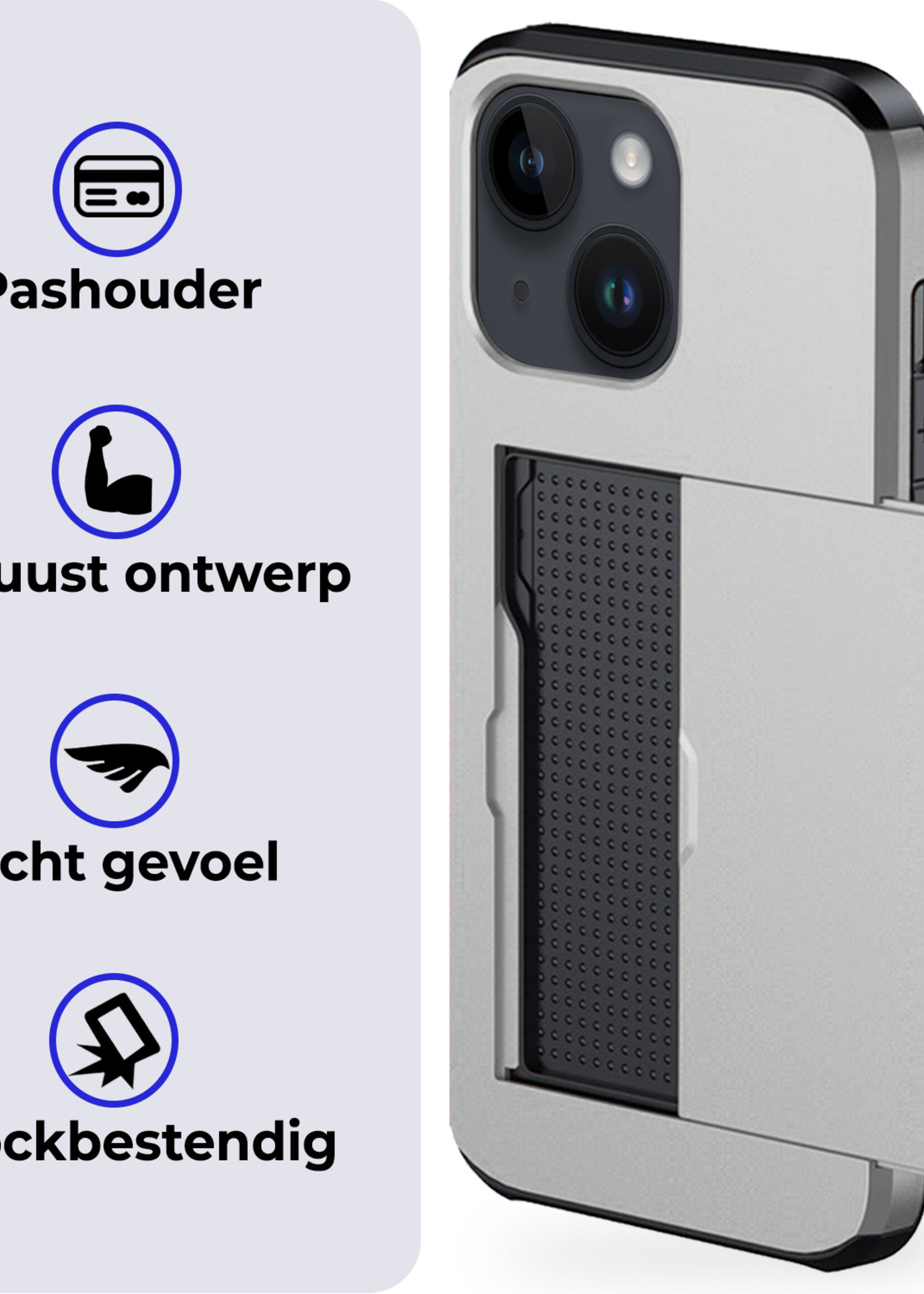 BTH Hoesje Geschikt voor iPhone 15 Hoesje Met Pasjeshouder Hard Case Met Kaarthouder Met 2x Screenprotector - Hoes Geschikt voor iPhone 15 Hoesje Shock Proof Case - Grijs