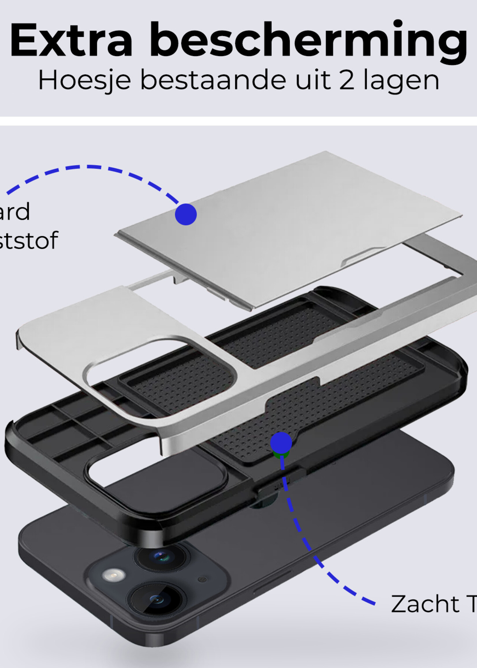 BTH Hoesje Geschikt voor iPhone 15 Hoesje Met Pasjeshouder Hard Case Met Kaarthouder Met 2x Screenprotector - Hoes Geschikt voor iPhone 15 Hoesje Shock Proof Case - Grijs