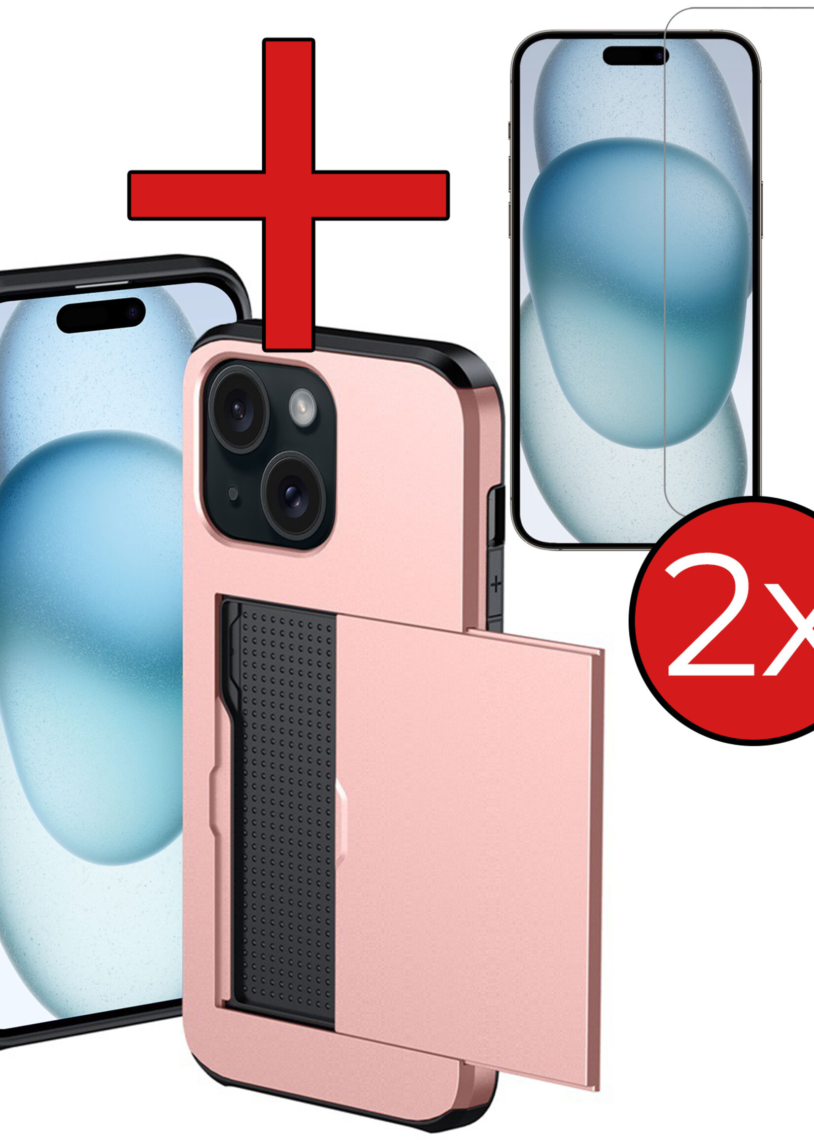 BTH Hoesje Geschikt voor iPhone 15 Hoesje Met Pasjeshouder Hard Case Met Kaarthouder Met 2x Screenprotector - Hoes Geschikt voor iPhone 15 Hoesje Shock Proof Case - Rosé Goud