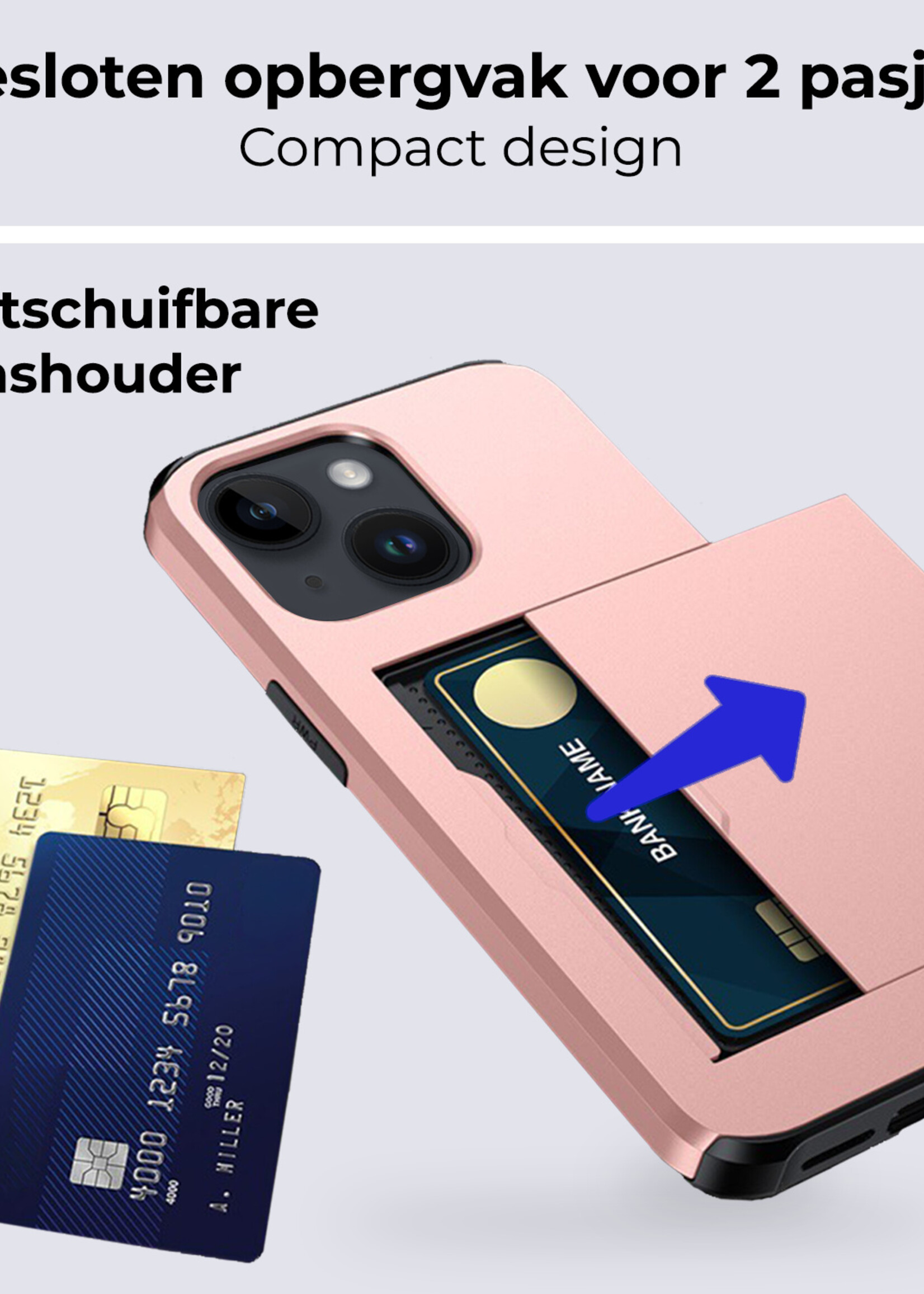 BTH Hoesje Geschikt voor iPhone 15 Hoesje Met Pasjeshouder Hard Case Met Kaarthouder Met 2x Screenprotector - Hoes Geschikt voor iPhone 15 Hoesje Shock Proof Case - Rosé Goud