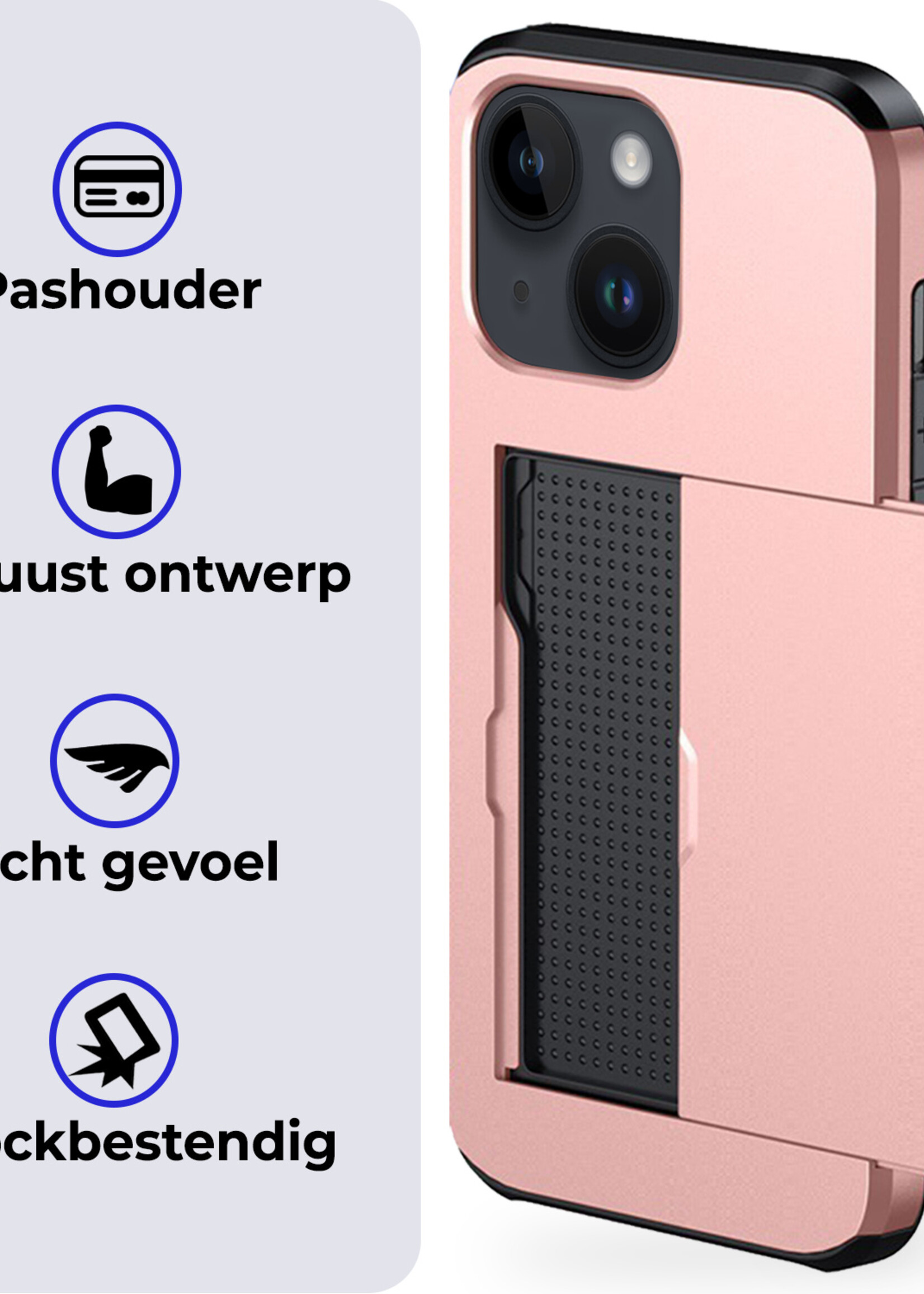 BTH Hoesje Geschikt voor iPhone 15 Hoesje Met Pasjeshouder Hard Case Met Kaarthouder Met 2x Screenprotector - Hoes Geschikt voor iPhone 15 Hoesje Shock Proof Case - Rosé Goud