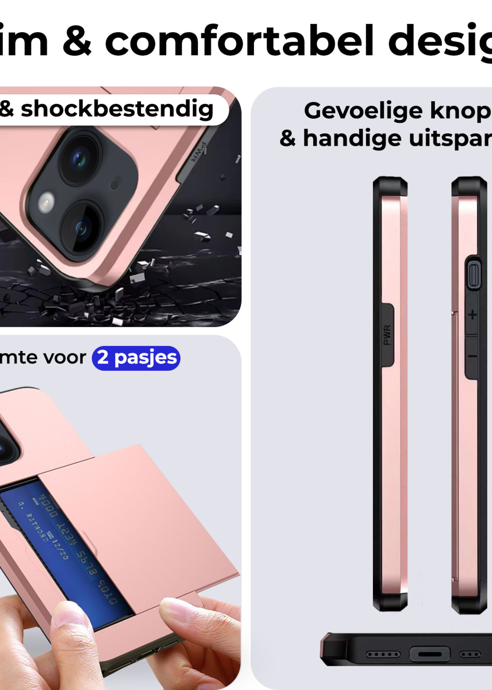 BTH Hoesje Geschikt voor iPhone 15 Hoesje Met Pasjeshouder Hard Case Met Kaarthouder Met 2x Screenprotector - Hoes Geschikt voor iPhone 15 Hoesje Shock Proof Case - Rosé Goud