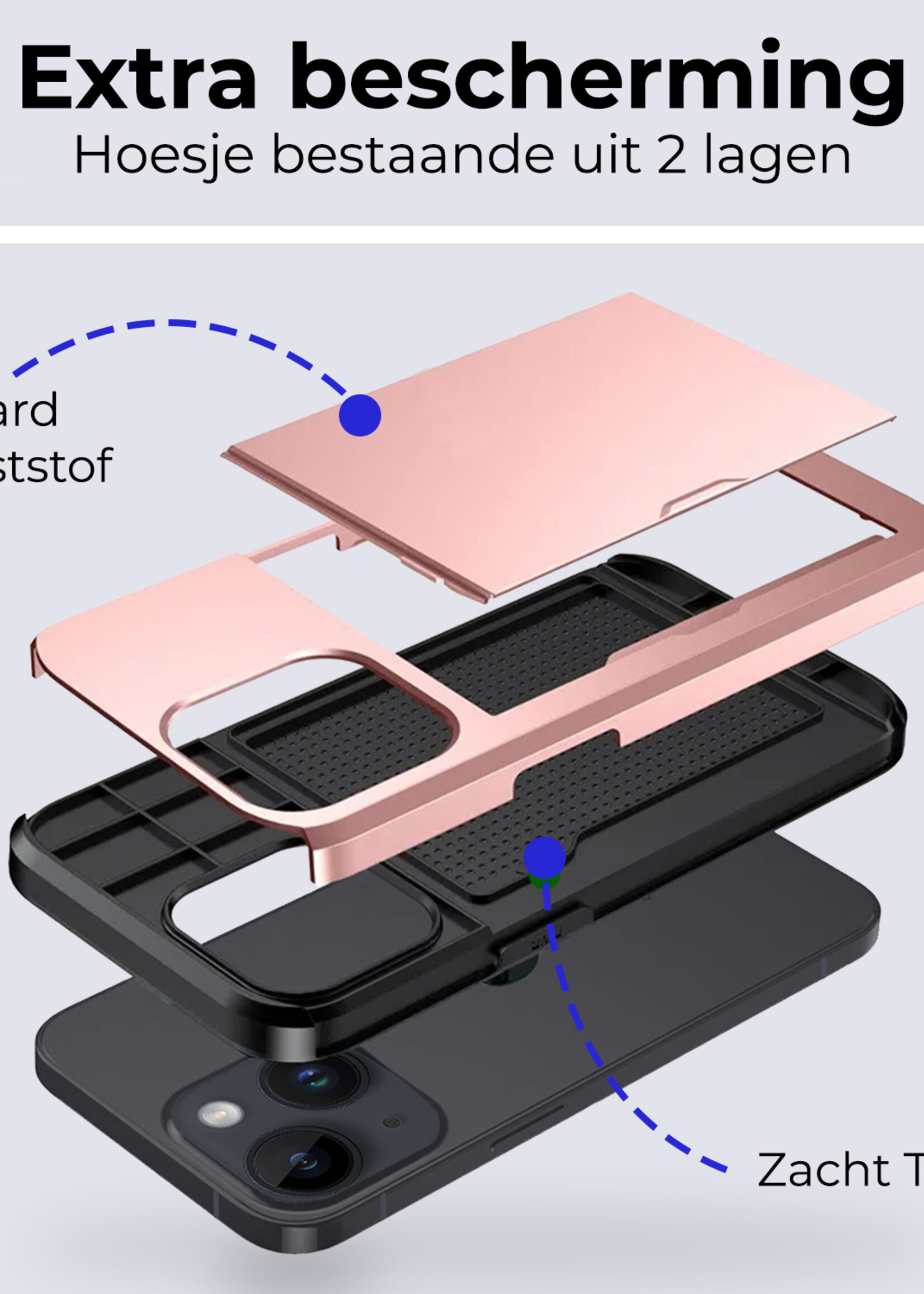 BTH Hoesje Geschikt voor iPhone 15 Hoesje Met Pasjeshouder Hard Case Met Kaarthouder Met 2x Screenprotector - Hoes Geschikt voor iPhone 15 Hoesje Shock Proof Case - Rosé Goud