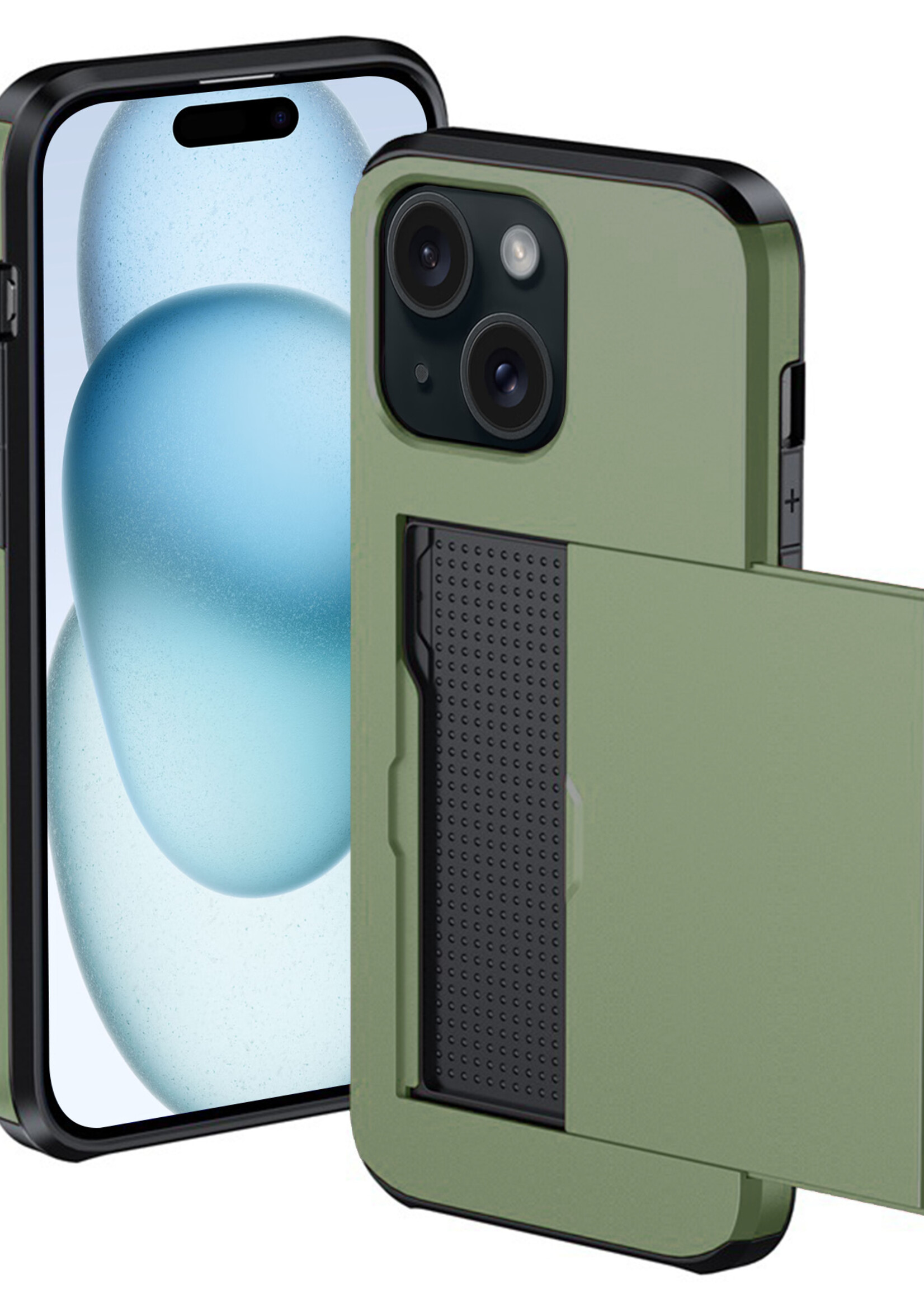 BTH Hoesje Geschikt voor iPhone 15 Plus Hoesje Met Pasjeshouder Hard Case Met Kaarthouder - Hoes Geschikt voor iPhone 15 Plus Hoesje Shock Proof Case - Donker Groen
