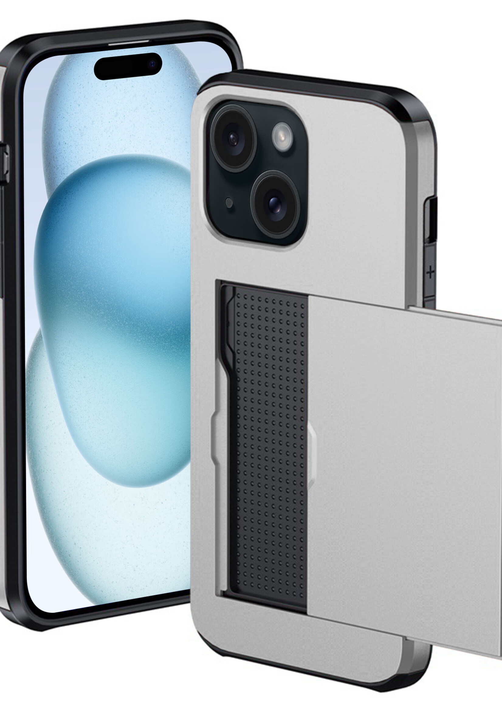 BTH Hoesje Geschikt voor iPhone 15 Plus Hoesje Met Pasjeshouder Hard Case Met Kaarthouder - Hoes Geschikt voor iPhone 15 Plus Hoesje Shock Proof Case - Grijs