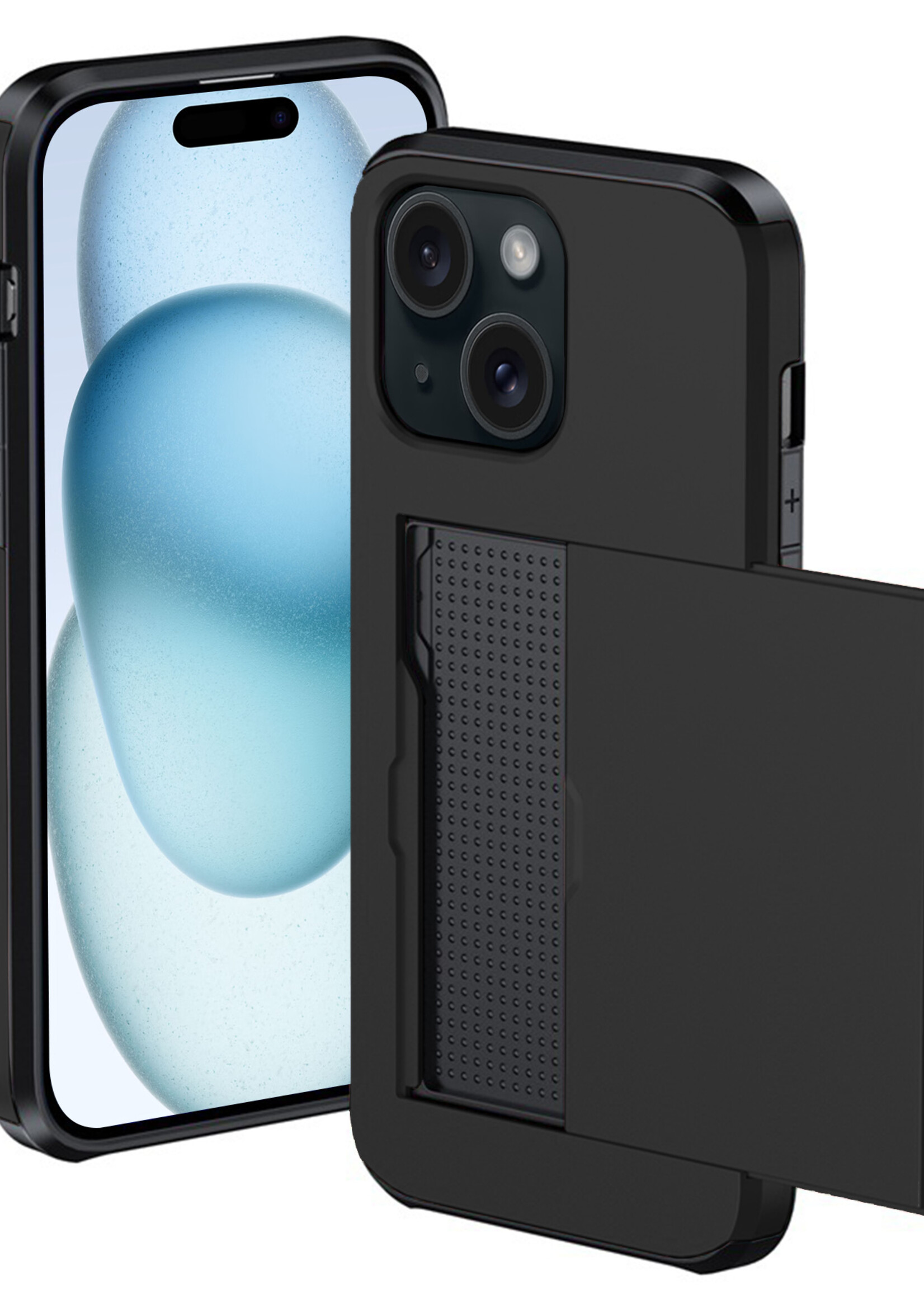 BTH Hoesje Geschikt voor iPhone 15 Plus Hoesje Met Pasjeshouder Hard Case Met Kaarthouder - Hoes Geschikt voor iPhone 15 Plus Hoesje Shock Proof Case - Zwart