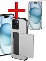 BTH BTH iPhone 15 Plus Hoesje Pashouder Hard Met Screenprotector - Grijs