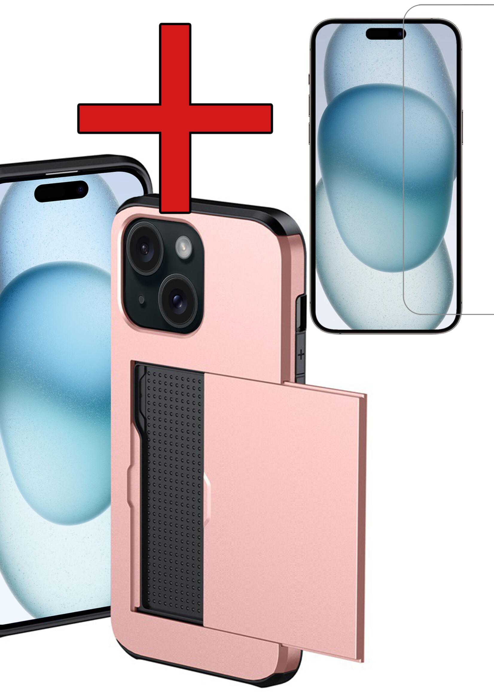BTH Hoesje Geschikt voor iPhone 15 Plus Hoesje Met Pasjeshouder Hard Case Met Kaarthouder Met Screenprotector - Hoes Geschikt voor iPhone 15 Plus Hoesje Shock Proof Case - Rosé Goud
