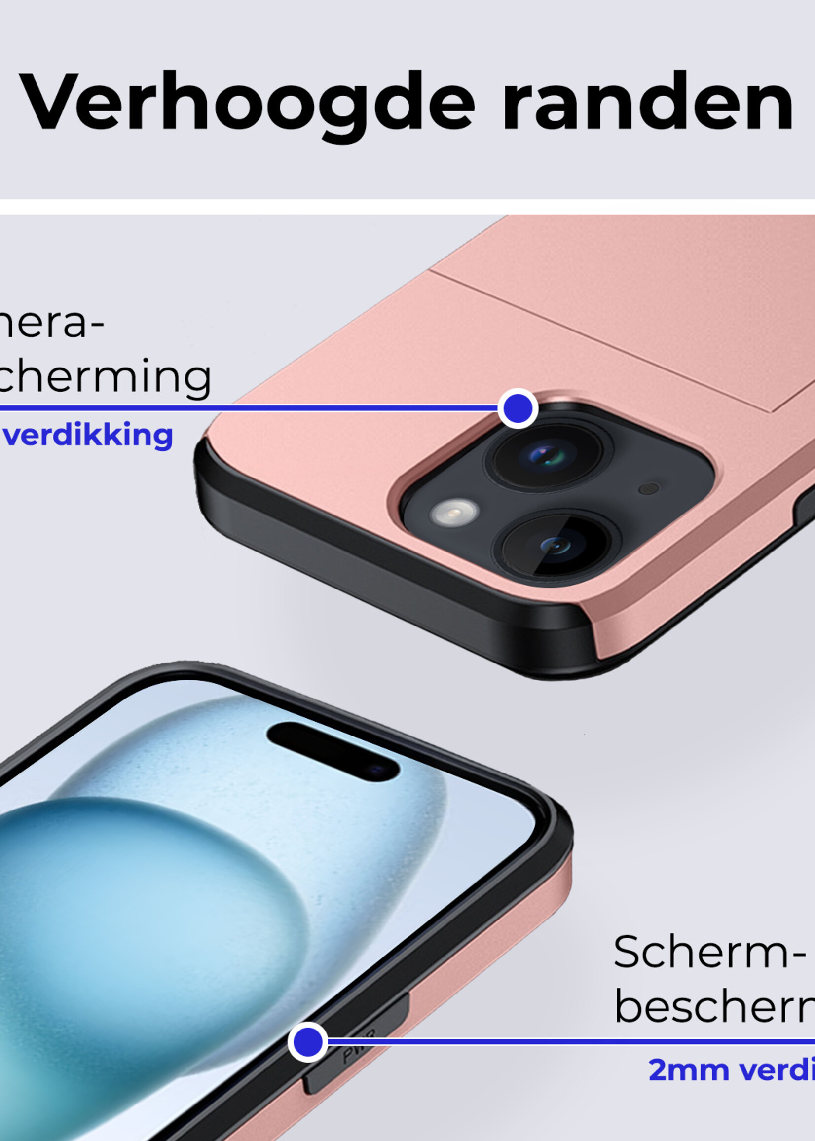 BTH Hoesje Geschikt voor iPhone 15 Plus Hoesje Met Pasjeshouder Hard Case Met Kaarthouder Met Screenprotector - Hoes Geschikt voor iPhone 15 Plus Hoesje Shock Proof Case - Rosé Goud