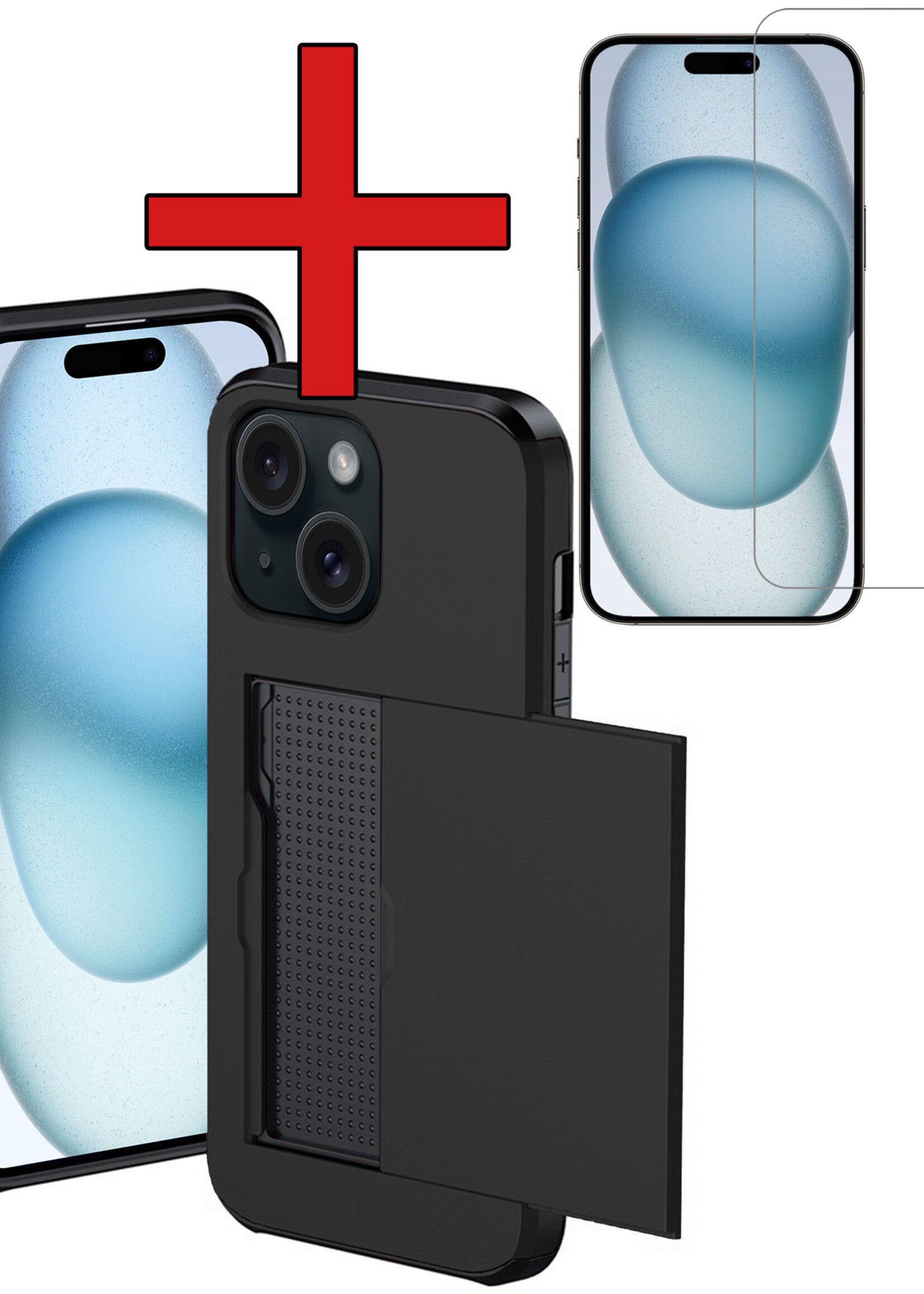 BTH Hoesje Geschikt voor iPhone 15 Plus Hoesje Met Pasjeshouder Hard Case Met Kaarthouder Met Screenprotector - Hoes Geschikt voor iPhone 15 Plus Hoesje Shock Proof Case - Zwart