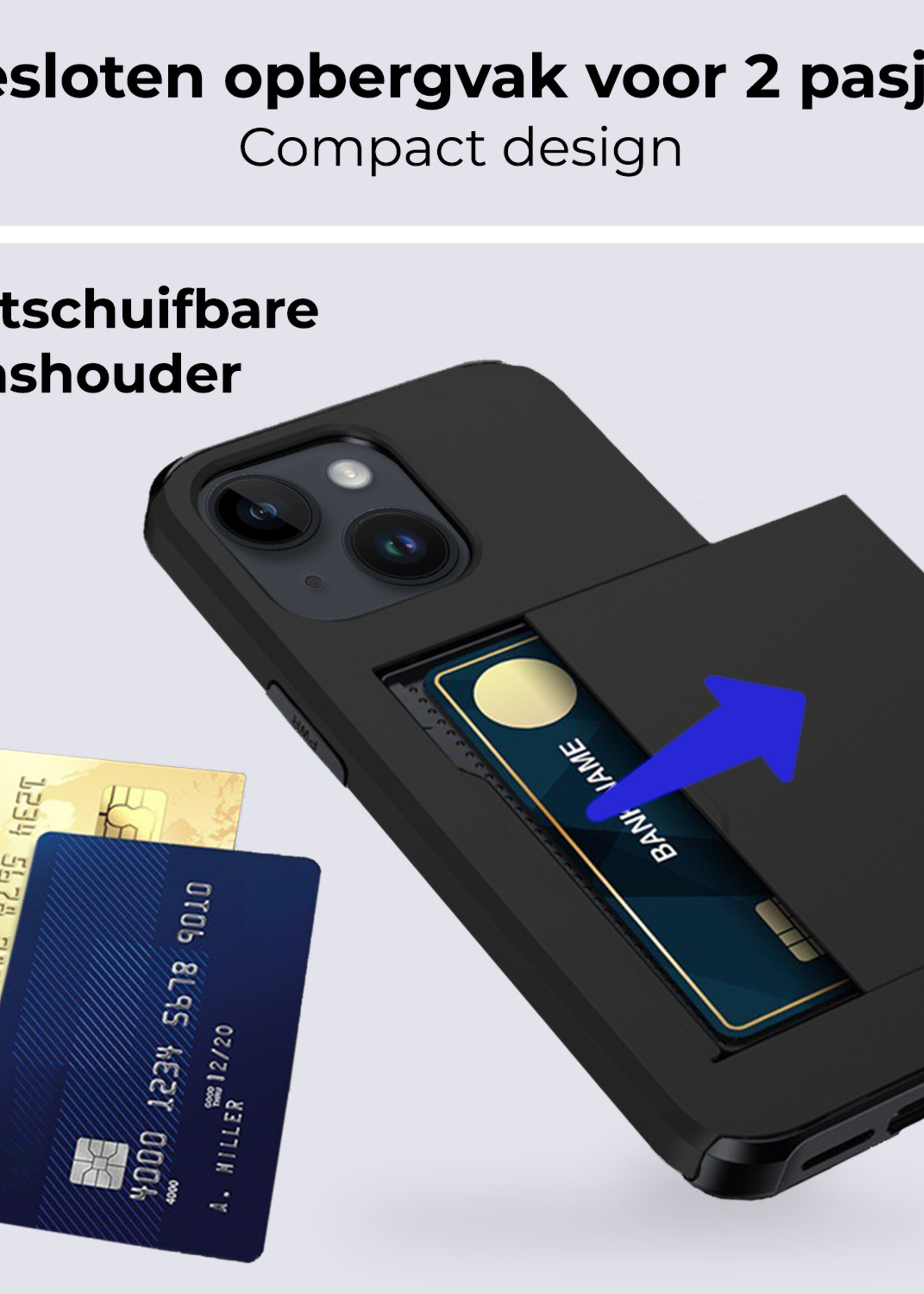 BTH Hoesje Geschikt voor iPhone 15 Plus Hoesje Met Pasjeshouder Hard Case Met Kaarthouder Met Screenprotector - Hoes Geschikt voor iPhone 15 Plus Hoesje Shock Proof Case - Zwart