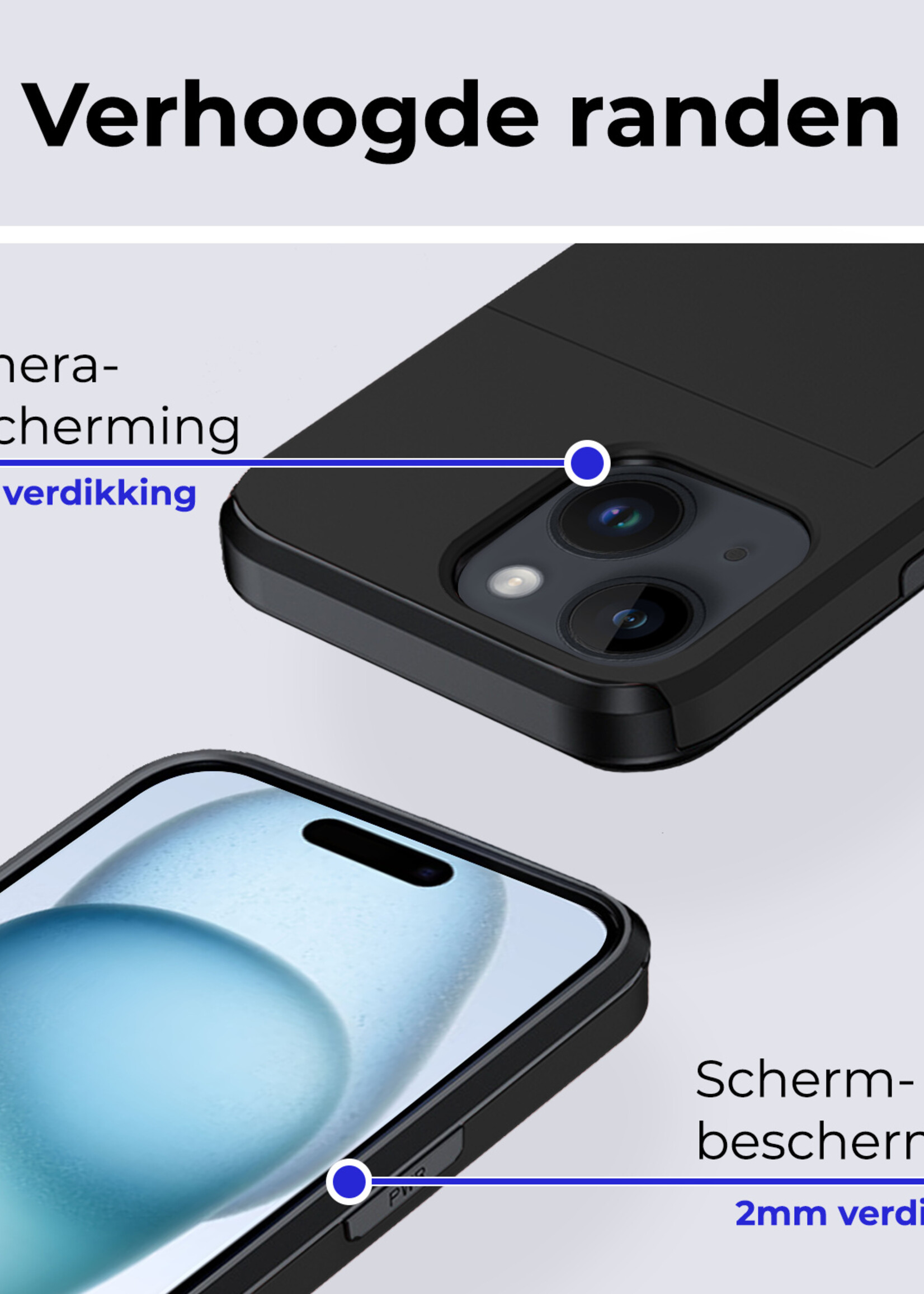 BTH Hoesje Geschikt voor iPhone 15 Plus Hoesje Met Pasjeshouder Hard Case Met Kaarthouder Met Screenprotector - Hoes Geschikt voor iPhone 15 Plus Hoesje Shock Proof Case - Zwart
