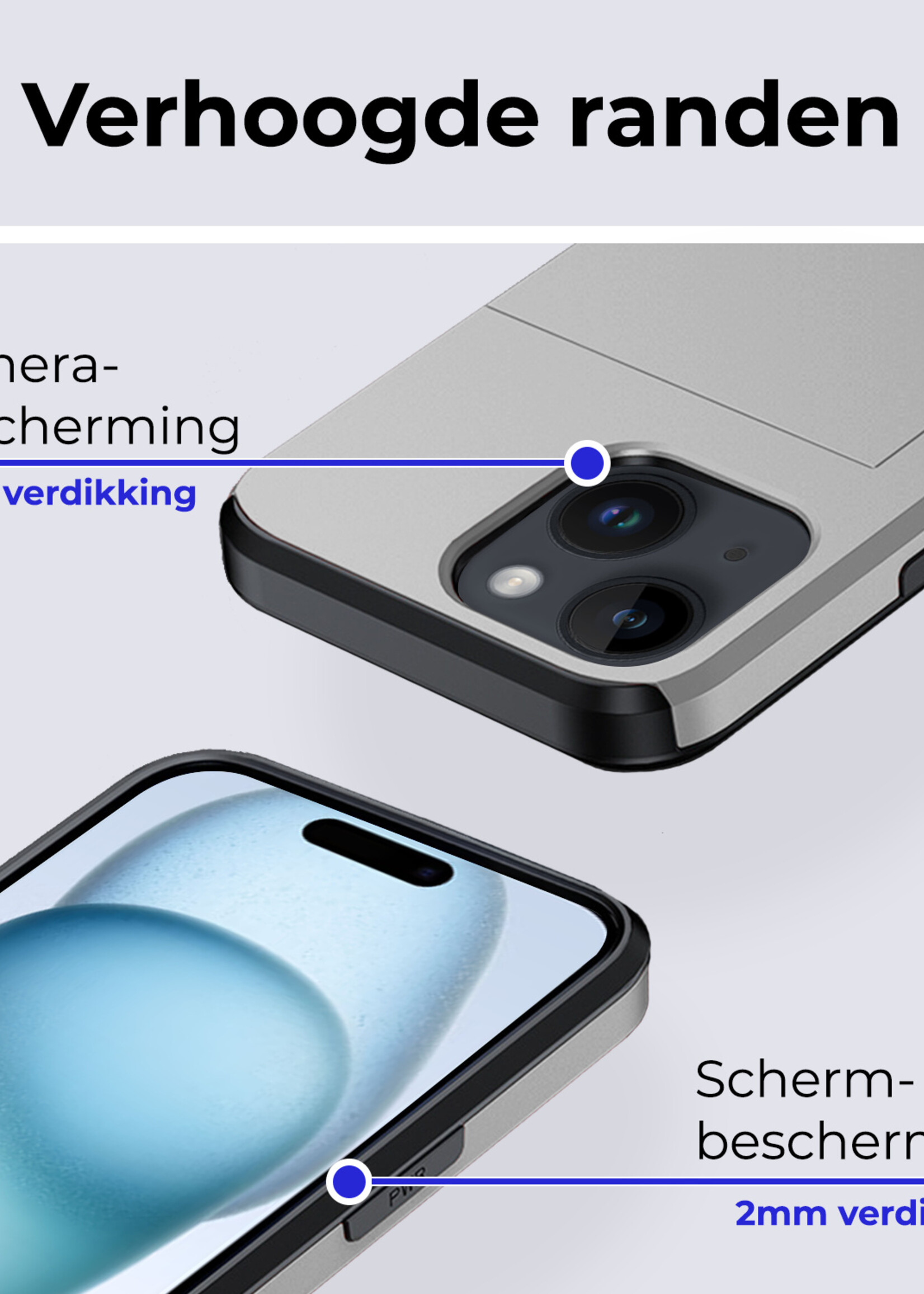 BTH Hoesje Geschikt voor iPhone 15 Plus Hoesje Met Pasjeshouder Hard Case Met Kaarthouder Met 2x Screenprotector - Hoes Geschikt voor iPhone 15 Plus Hoesje Shock Proof Case - Grijs