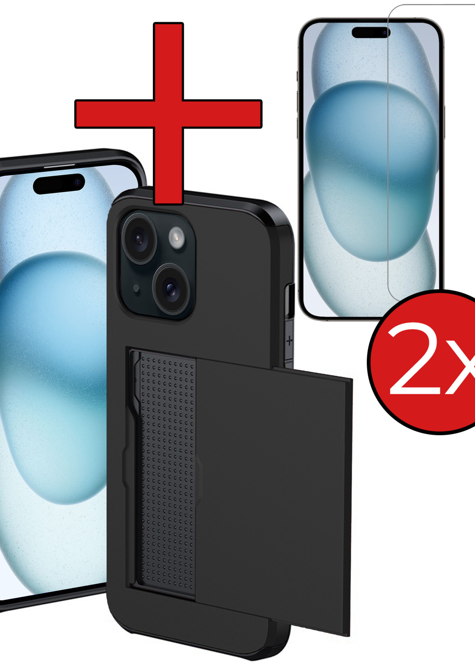 BTH Hoesje Geschikt voor iPhone 15 Plus Hoesje Met Pasjeshouder Hard Case Met Kaarthouder Met 2x Screenprotector - Hoes Geschikt voor iPhone 15 Plus Hoesje Shock Proof Case - Zwart